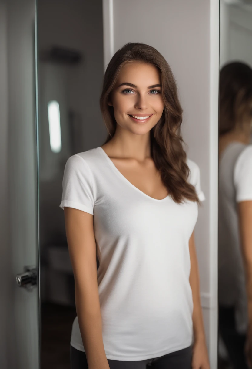 A Realistic Portrait, of a tall scandinavian girl with brown eyes and Dark Brown Hair style, 20 years old, Beautiful, detailed face, detailed eyes, (realistic skin:1.3), (pale skin:1.1), (textured skin:1.3), ((wearing white t shirt)), smile, ((mirror selfie)), ((holding white a4 paper sheet)), (iphone photograph), (perfect medium breasts:1.1), ((bathroom)), (artificial lighting:1.3), looking at the camera, perfect slim body, amateur Photography, Photorealistic, Detailed, analog, poor quality, grainy