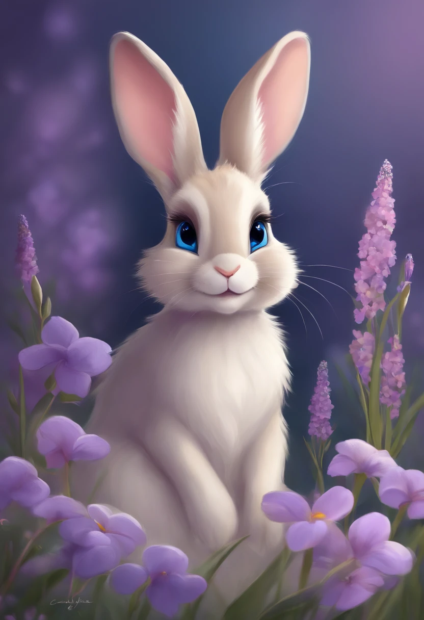 A cute bunny with, small ears, blue eyes, looking forward, purple background, flowers, vases, Caroline Chariot-Dayez pastels, tumblr, furry art, elokitty, Disney's Bambi, furry Disney style, floating ears, fluffy tail, fluffy' ', cute!!!, high resolution, furry art!!! Small size