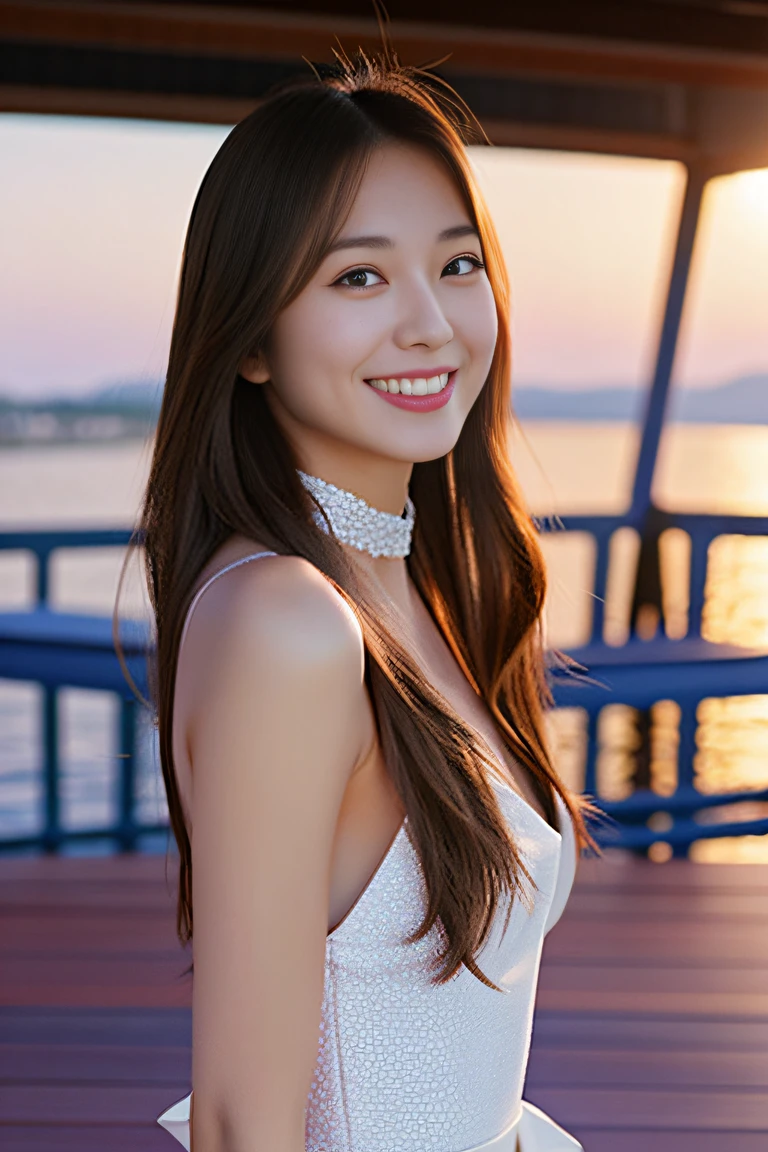 (((Draw only one woman: 2))), (Large cruiser sailing at sea)、(Beautiful Japan woman sitting on deck chair on deck)、(Beautiful magic hour sunset)、Beautiful woman in fashionable resort dress、(( 1screen))、4K, RAW shot, top quality photo, ​masterpiece, Nice realistic photos, ((Anatomically correct proportions : 1.5)), ((perfectly proportions)), beautiful woman like a Japanese actress, a small face、Detailed face, Detailed eyes, Narrow Nose, Detailed fingers, detailed arms, Detailed skin, Detailed legs, (((short torso:1.1 ))), (( Slim Style)), (Slender waist), ((Slender thighs: 1.2))), ((Colossal tits: 1.5)), Small beautiful ass, (shiny long hair)、happily laughing、Angle from the side、(Big breasts that are about to tear off the dress)、18-year-old beauty、a choker、耳Nipple Ring、A bracelet