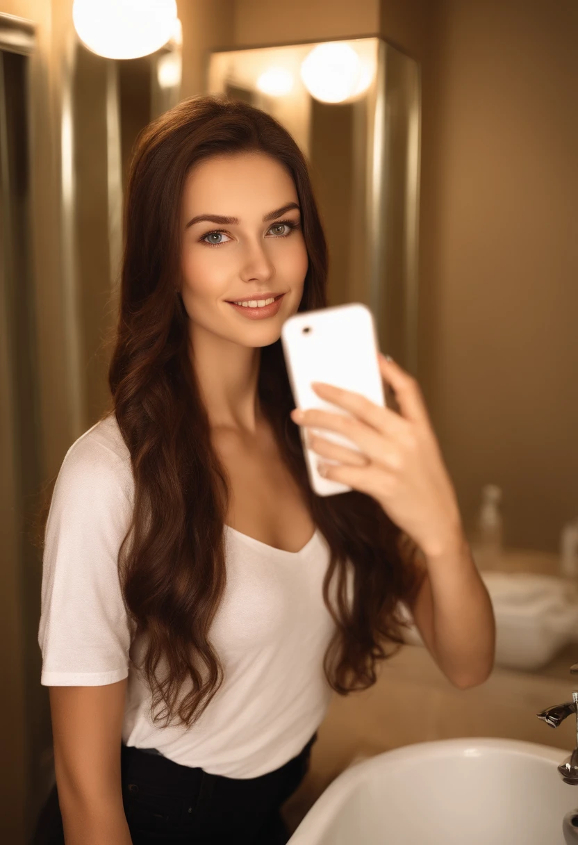 /imagine prompt: 8K, RAW photo, best quality, (masterpiece:1.3), (photorealistic:1.4), ultra-detailed, 1 woman, brunette, solo, warm smile, detailed modern bathroom, bright lighting, taking selfie, (mirror reflection:1.2), (phone visible:1.1), casual pose, iPhone 13 Pro Max, portrait mode, beautiful detailed eyes, (long wavy brown hair:1.2), natural makeup, (white bathrobe:1.1), steam in background, soft skin texture