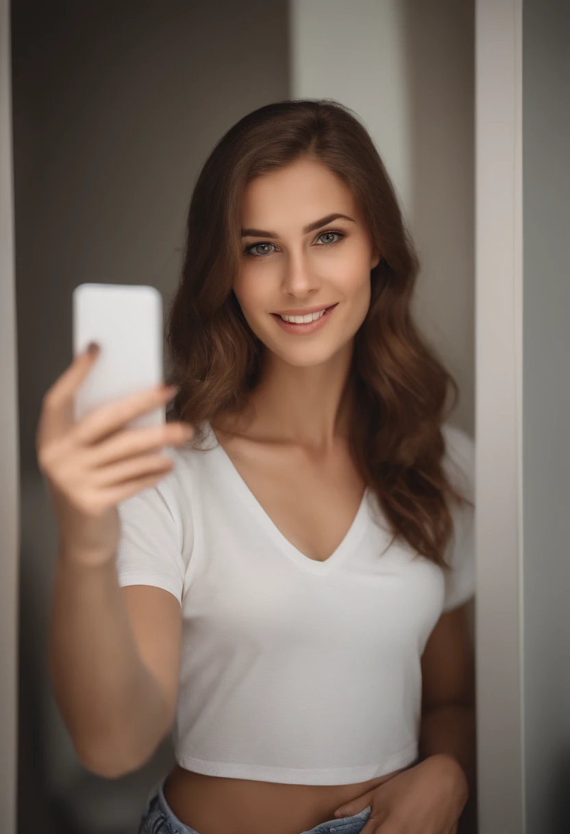 A Realistic Portrait, of a tall scandinavian girl with brown eyes and Dark Brown Hair style, 20 years old, Beautiful, detailed face, detailed eyes, (realistic skin:1.3), (pale skin:1.1), (textured skin:1.3), ((wearing white t shirt)), smile, ((mirror selfie)), ((holding white a4 paper sheet)), (iphone photograph), (perfect medium breasts:1.1), ((bathroom)), (artificial lighting:1.3), looking at the camera, perfect slim body, amateur Photography, Photorealistic, Detailed, analog, poor quality, grainy