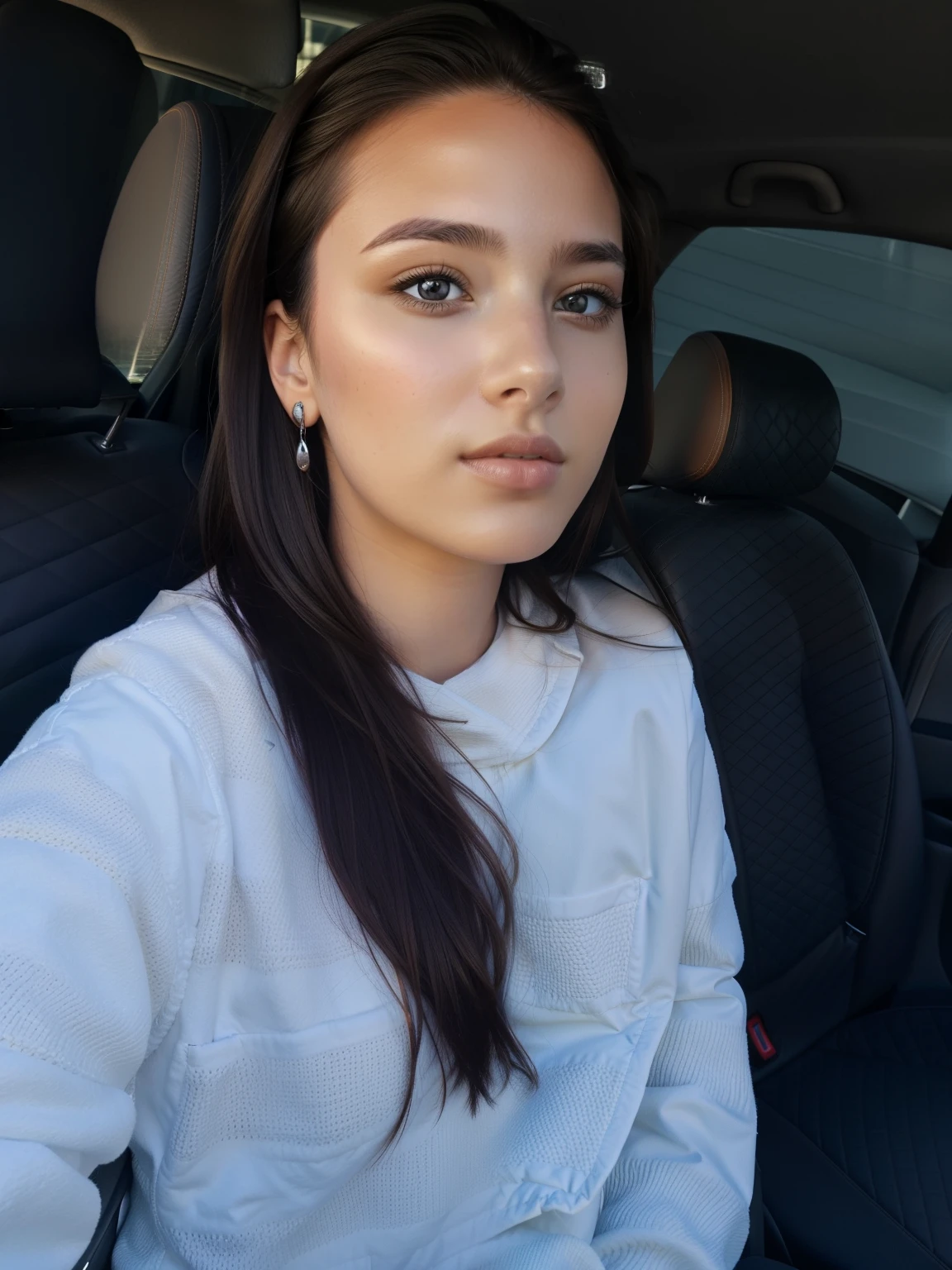 Girl in the car, Selfie in the car, handsome girl,brown eye, beautiful hair, super quality, 4k quality, white jacket
In the front seat of the car,