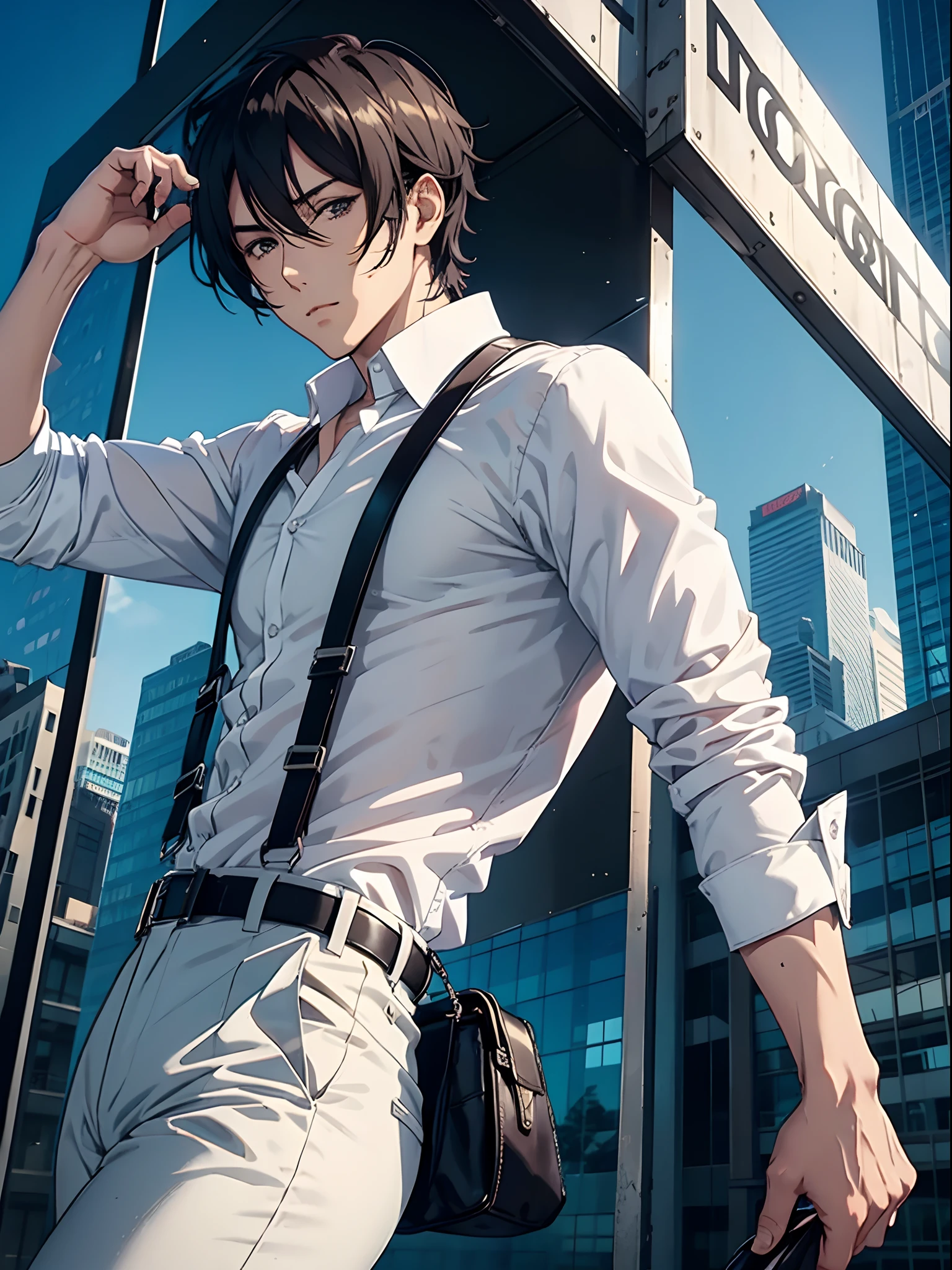 Anime Sexy man, dark hair, white office shirt, trousers, leather harness, on the top of a skyscraper