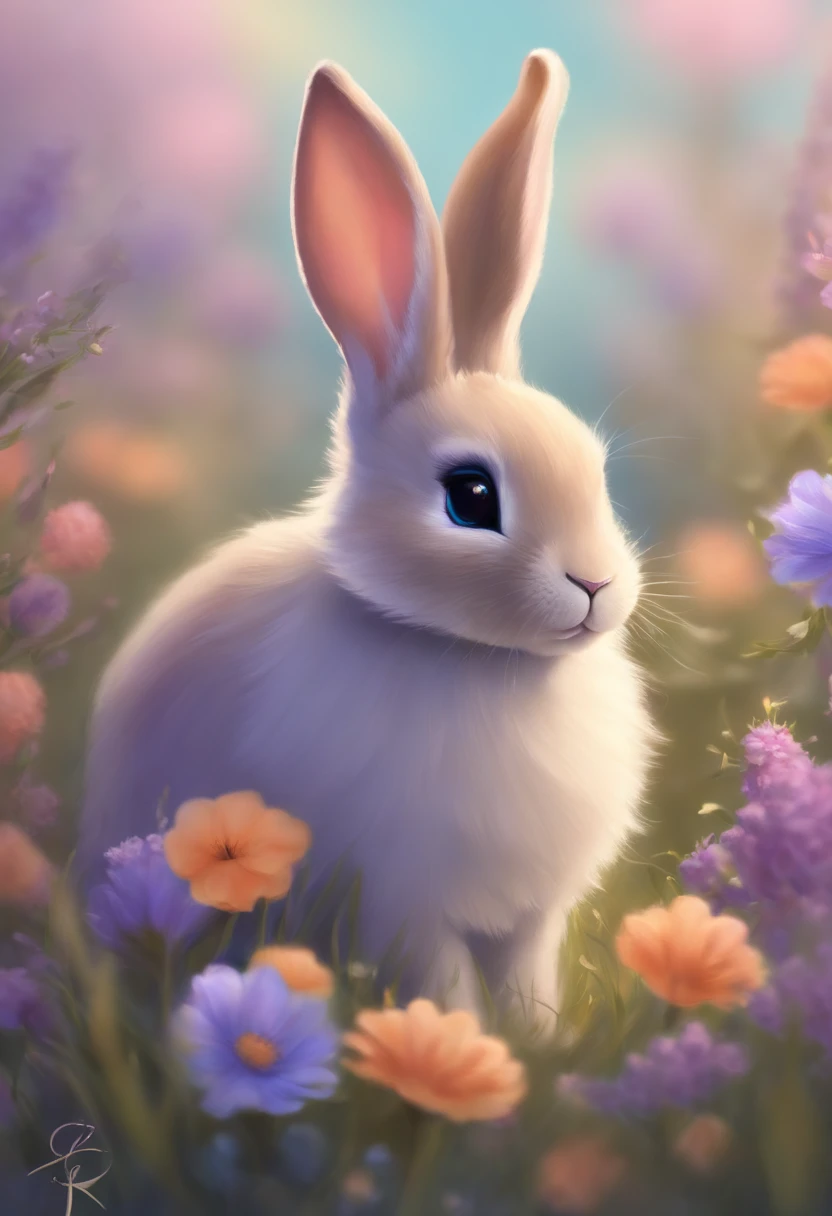 A cute bunny with, small ears, blue eyes, looking forward, purple background, flowers, vases, Caroline Chariot-Dayez pastels, tumblr, furry art, elokitty, Disney's Bambi, furry Disney style, floating ears, fluffy tail, fluffy' ', cute!!!, high resolution, furry art!!! Small size