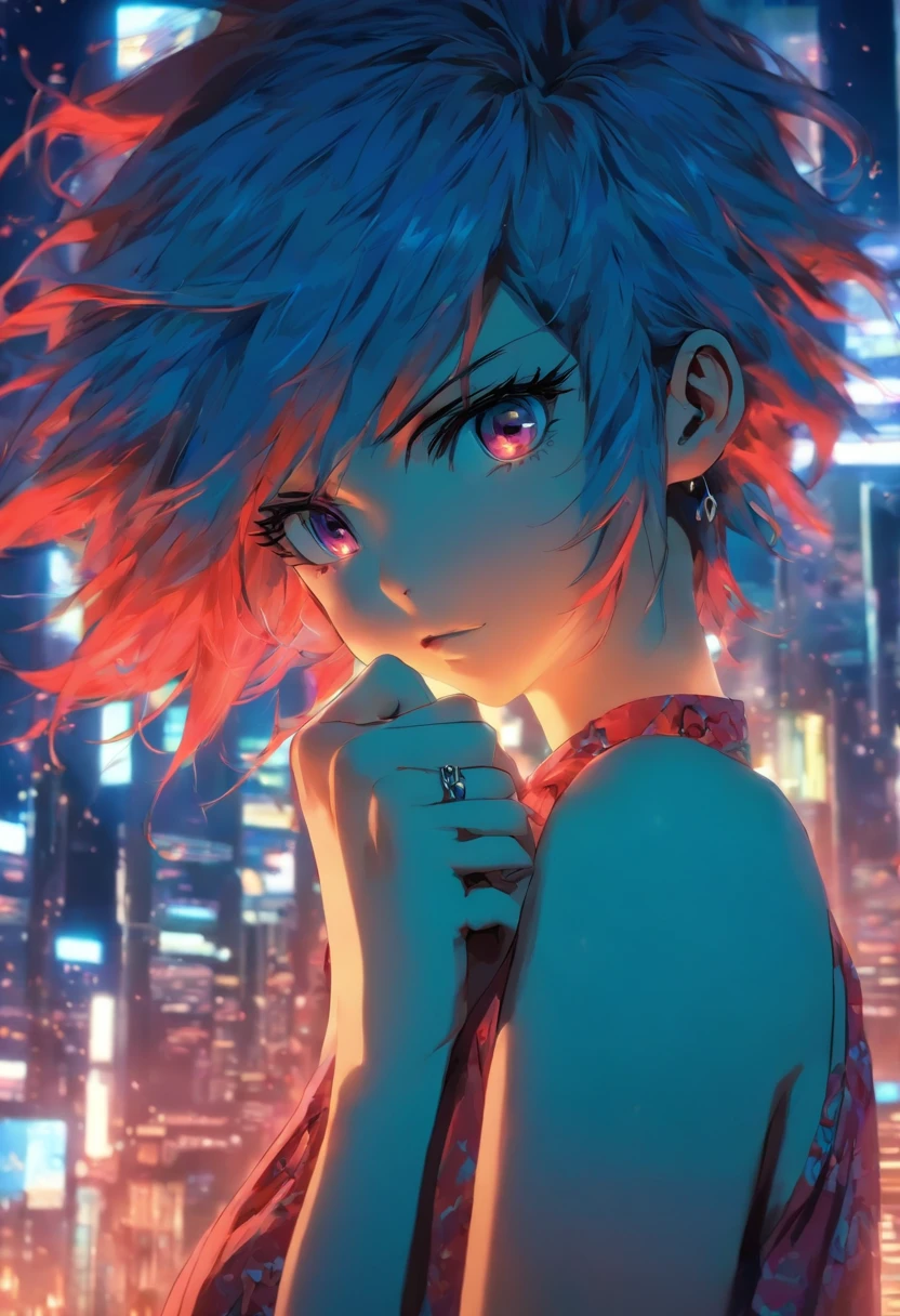 anime, garota, 17 anos, olhos azuis, cabelo vermelho e comprido, middlebreasts, coluna ereta, usando camisa social, saia justa na altura do joelho, meias no meio da coxa, in an office, de joelhos em cima de uma mesa, with one hand with the index finger slightly pointed at the chin and the other hand behind the nape of the neck, pose sensual
