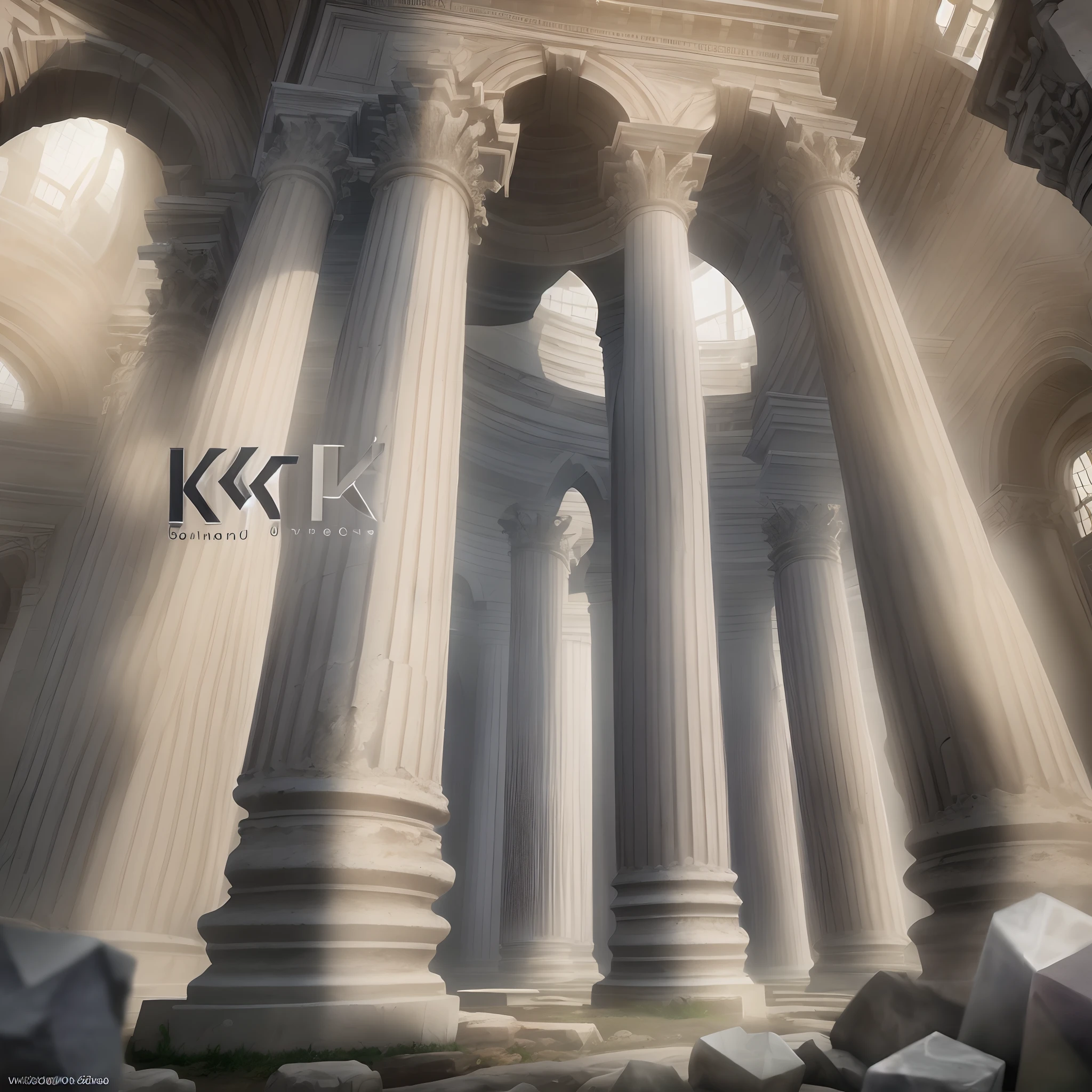 A business logo that is the letter "k" inside of a diamond. The k is made out of roman columns