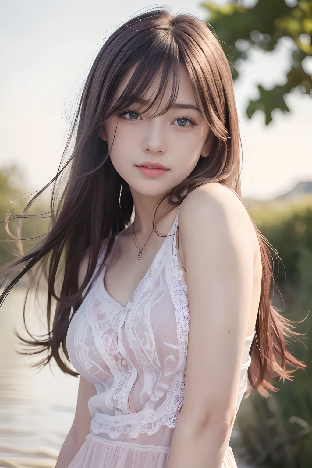(8k, Best Quality, Masterpiece:1.2), (Realistic, Photorealistic:1.37), Ultra Detail, 1 Girl,Cute,Solo,Beautiful Detailed Sky,Date,(Blush),(Smile:1.15),(Closed Mouth)Small Breasts,Beautiful Detailed Eyes,(Long Hair: 1.2),Floating Hair NovaFrogStyle, Upper Body, Tank Top
