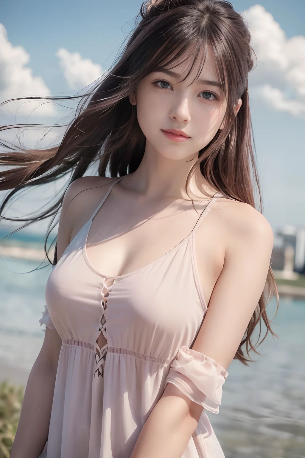 (8k, Best Quality, Masterpiece:1.2), (Realistic, Photorealistic:1.37), Ultra Detail, 1 Girl,Cute,Solo,Beautiful Detailed Sky,Date,(Blush),(Smile:1.15),(Closed Mouth)Small Breasts,Beautiful Detailed Eyes,(Long Hair: 1.2),Floating Hair NovaFrogStyle, Upper Body, Tank Top