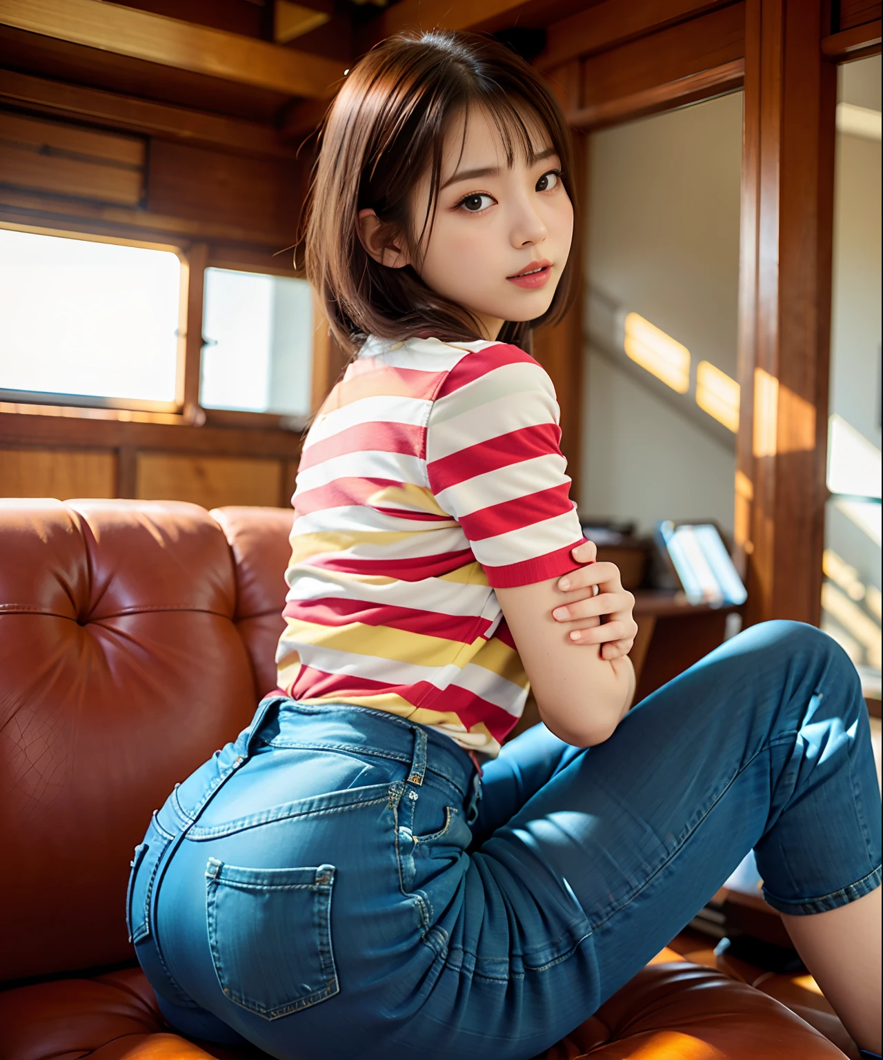 araffe woman sitting on a couch with her legs crossed, Engaging pose, Casual pose, skinny waist and thick ????, Korean Girl, beautiful Korean women, Realistic Young Gravure Idol, Japanese Models, kawaii shirt and jeans, Gorgeous young Korean woman, chiho, tight denim jeans, Beautiful young Korean woman, Young skinny gravure idol, Young Sensual Gravure Idol