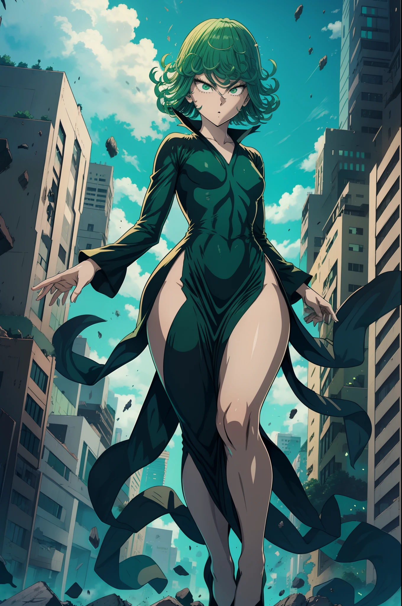 Tatsumaki from one punch man, short green hair, green eyes, Small chest, (wearing fitting V-neck black dress with a long sleeves and four high-cut leg slits), joyful expression, standing in a destroyed city, dynamic pose, dynamic view,