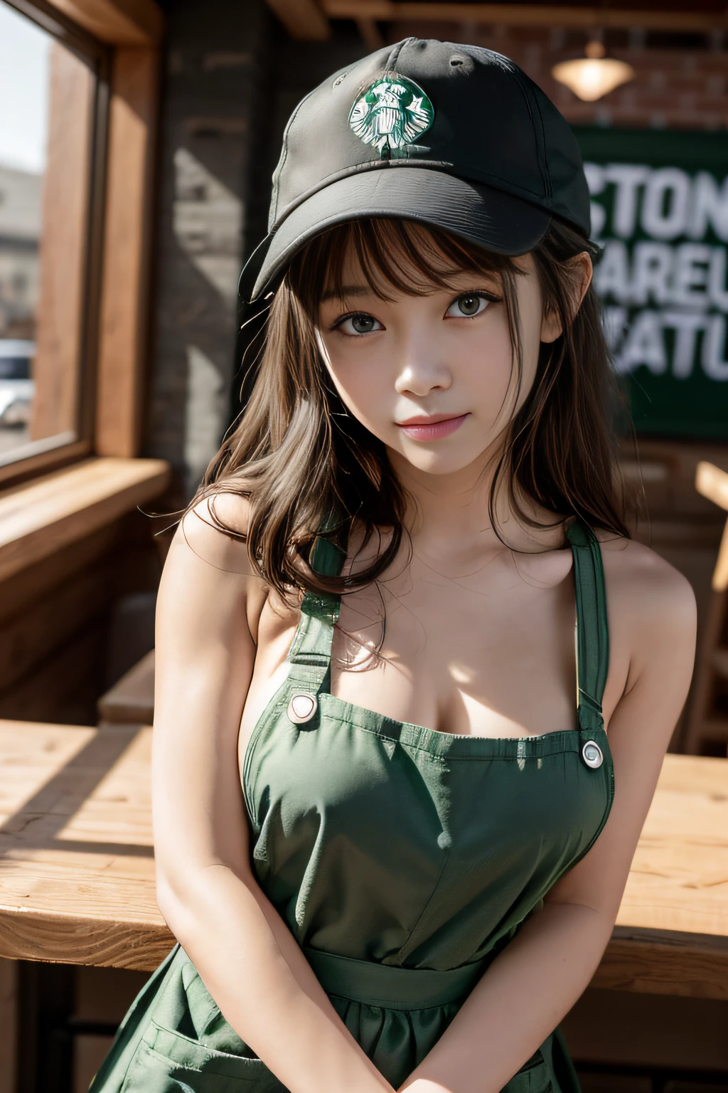 A girl works on a workbench at Starbucks,She wears a black Starbucks baseball cap on her head,She wore only a green Starbucks apron,high high quality、tmasterpiece、Hyper-Resolution、barechested、NAKED Apron、wearing apron、full bodyesbian、