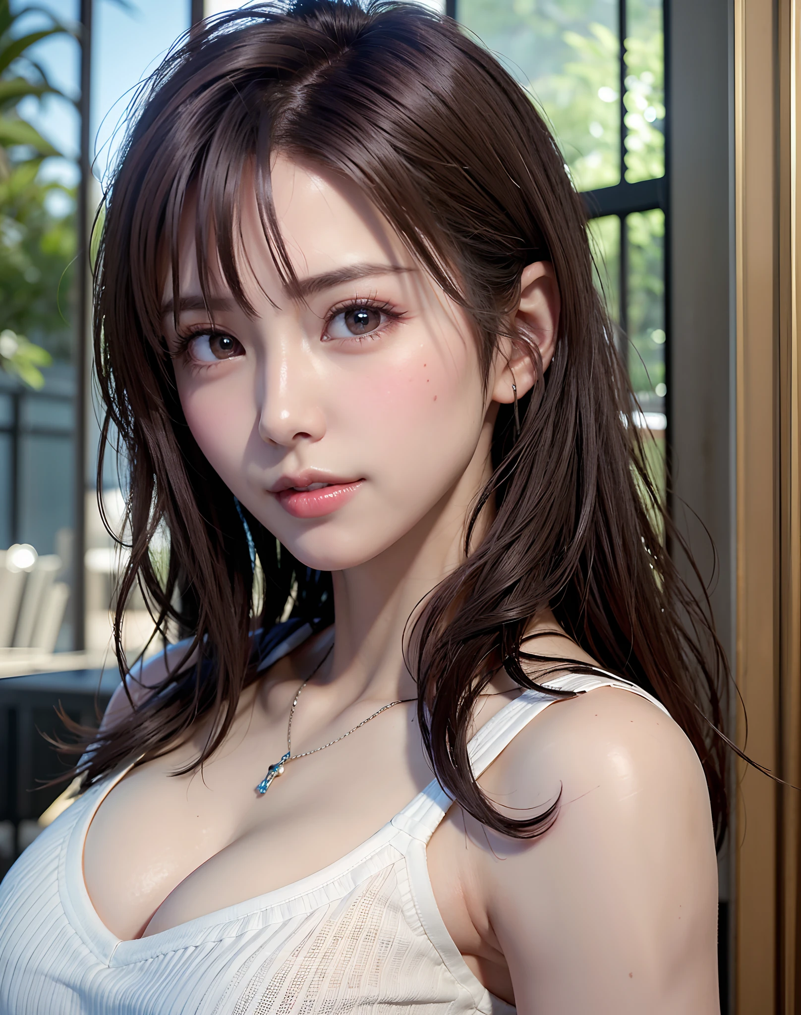 (in 8K, top-quality, ​masterpiece:1.2), (realisitic, Photorealsitic:1.37), ultra-detailliert, Natural sunlight, mideum breasts, I can see the cleavage, 1 persons, 25 year old woman, Dark hair, Pendants, Torn shorts, Light Knit V-Neck Shirt, At the time of performance, extremely detailed face and skin, A detailed eye, extremely detailed face and skin