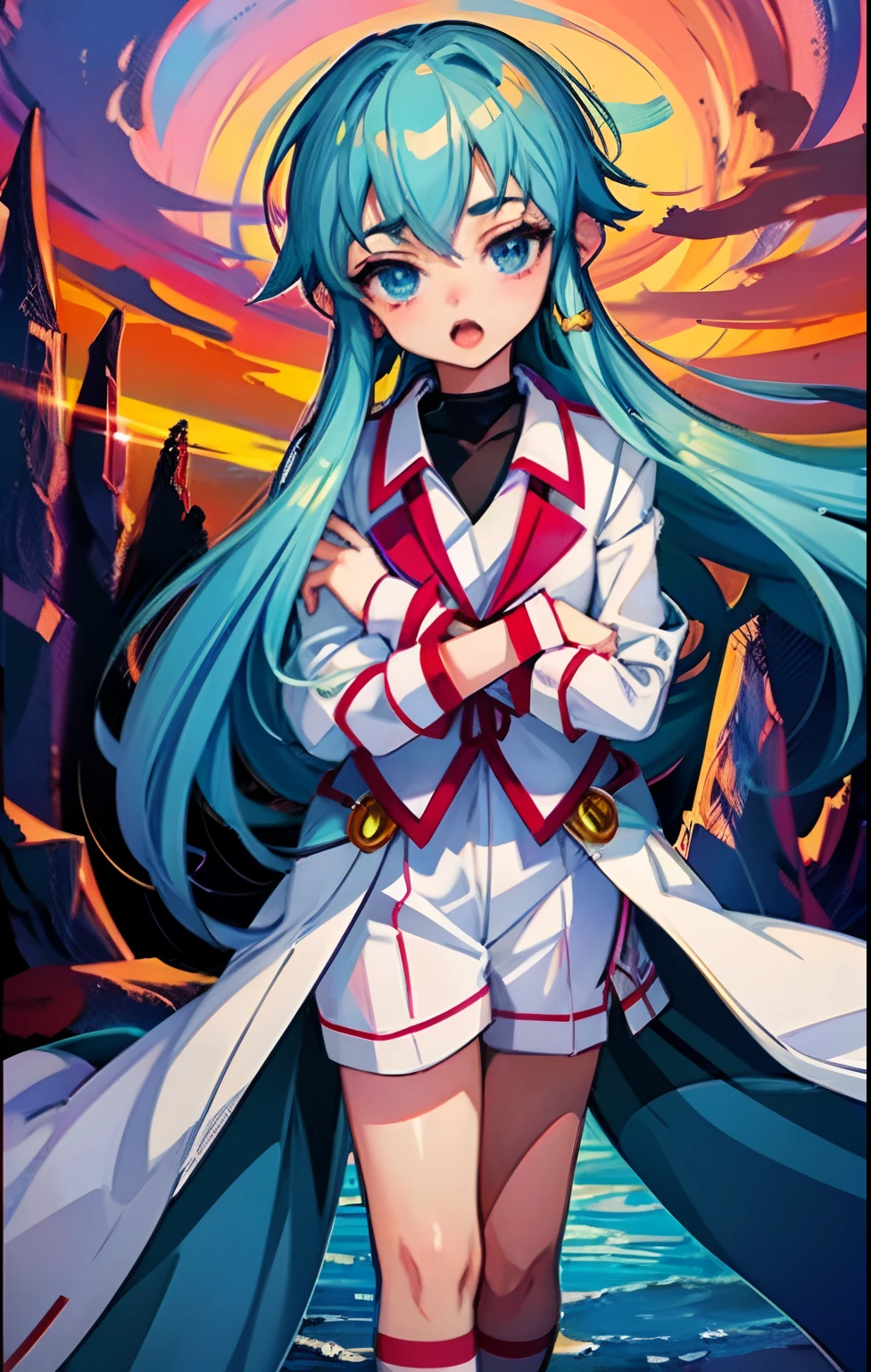 Anime girl with long white hair and blue eyes standing in front of the mountain, High Quality Anime Art Style, anime moe art style, anime girl of the future, anime in fantasy style, anime visual of a cute girl, asuna yuuki, Epic anime style, An anime cover, the anime girl is crouching, demon anime girl, rogue anime girl ayanami rei