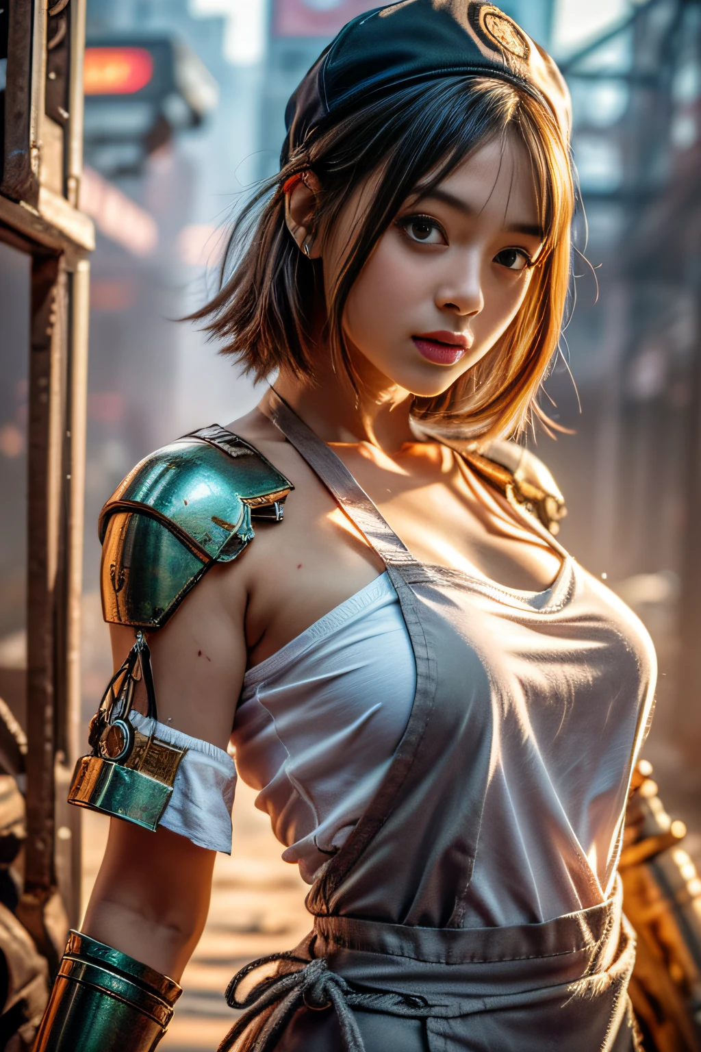green apron,Black slim shirt,Black baseball cap, rim-light,,Best quality at best,tmasterpiece,8K,Hyper Real,barechested、NAKED Apron、wearing apron、full bodyesbian、(1girll:1.3), Solo,__Body parts__, offcial art, Unity 8k wallpaper, Ultra detailed, Beautiful and aesthetic, Beautiful, Masterpiece, Best quality, primitive, Masterpiece, ultra fine photos,, Best quality, Super high resolution, Photorealistic, Sunlight, Full body portrait, stunningly beautiful,, Dynamic pose, Delicate face, Vibrant eyes, (Side view), she wears a futuristic Iron Man mecha, pink and gold, Highly detailed abandoned warehouse background, Detailed face, detailed complex busy background, Messy, Gorgeous, Milky, highdetailskin, Realistic skin details, Visible pores, Sharp focus, volume fog, 8K Ultra HD, SLR camera, High quality, filmgrain, Fair skin, Photorealism, DL, sprawling metropolis in futuristic dystopia, View from below, Translucent