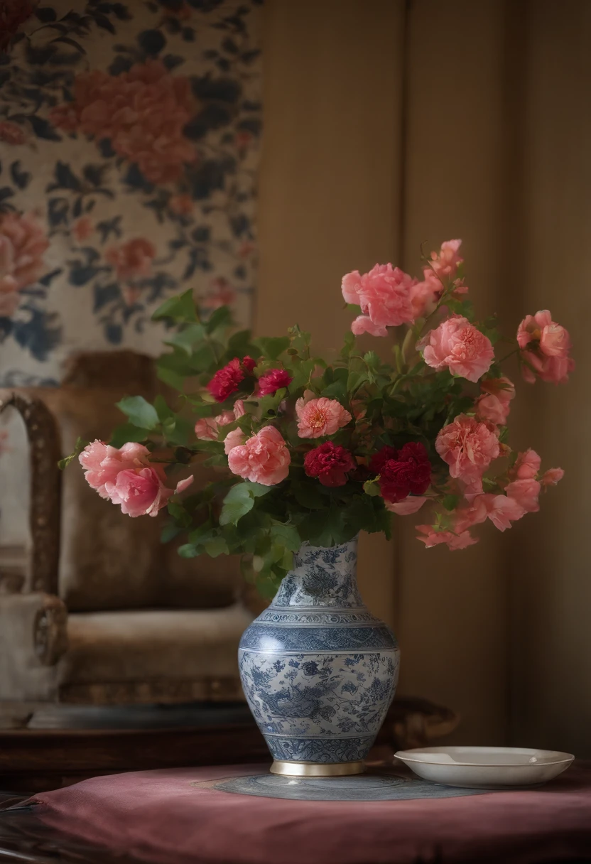 There are two vases on the table in front of the wall,There are flowers on it, oriental wallpaper, with ancient chinese aesthetic, Chinese style, chinoiserie wallpaper, asian interior decoration, It mainly highlights the Chinese style of the wall,inspired by Emperor Huizong of Song, interior background art,
