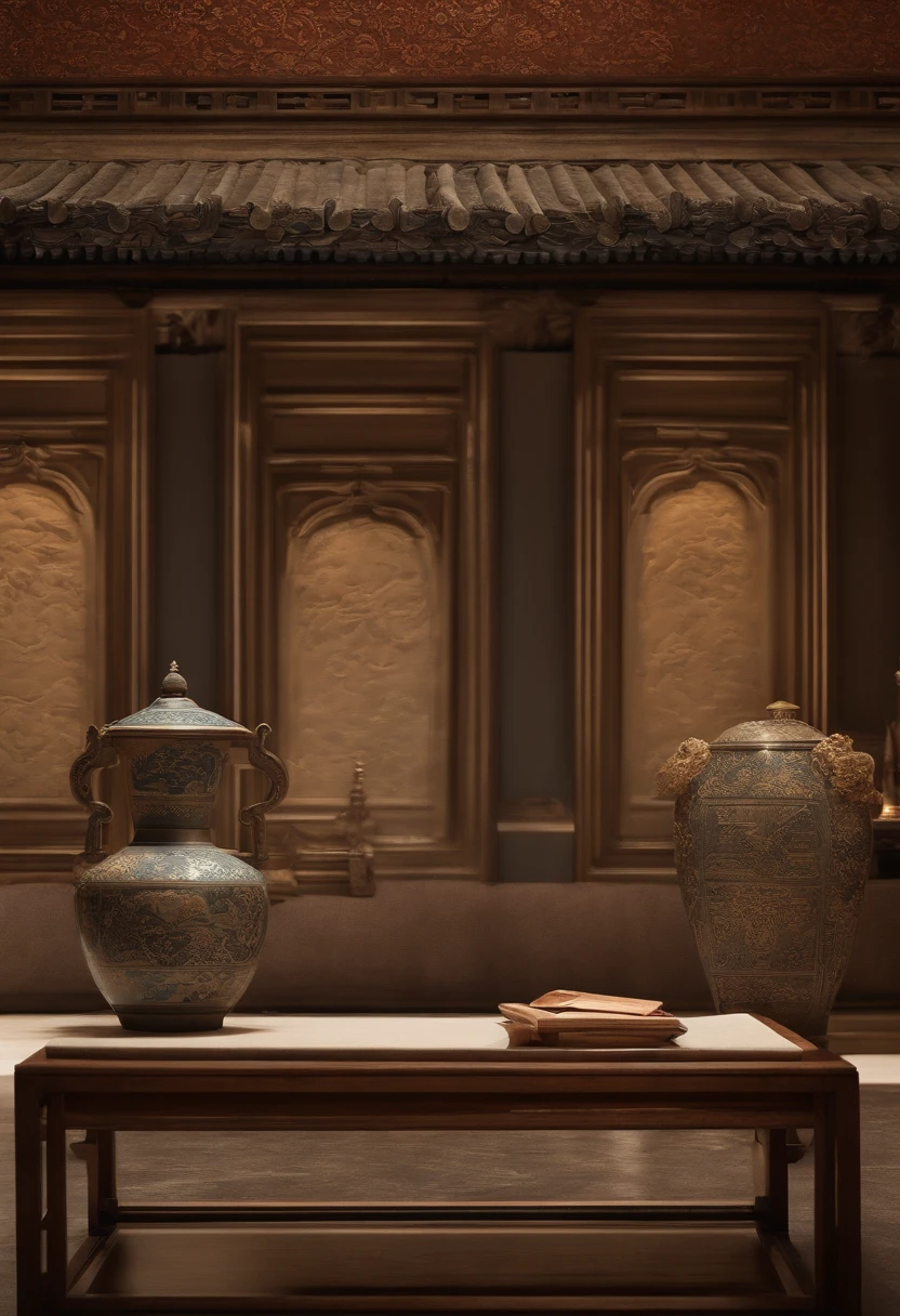 There are two vases on the table in front of the wall,There are flowers on it, oriental wallpaper, with ancient chinese aesthetic, Chinese style, chinoiserie wallpaper, asian interior decoration, It mainly highlights the Chinese style of the wall,inspired by Emperor Huizong of Song, interior background art,