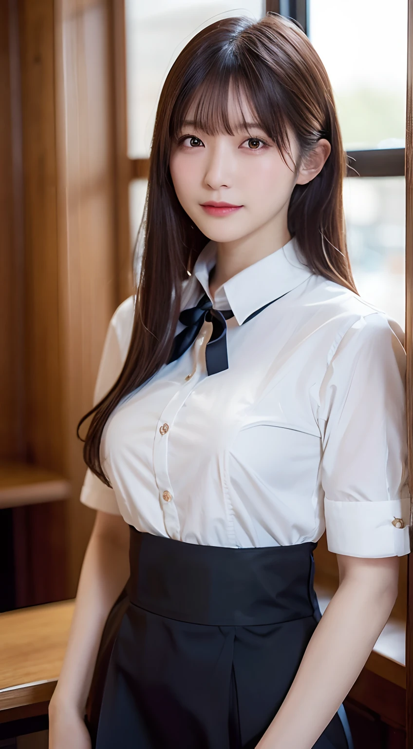 Sophisticated, masterpiece, beautiful details, colorful, fine details, delicate lips, intricate details, big breasts, 1 female, (a beautiful 20 year old cute Korean female: 1.1), (kpop idol, mixed Korean), ( 50mm Sigma f /1.4 ZEISS lens, F1.4, 1/800s, ISO 100, photograpy:1.1), (ponytail+black hair:1.2), (photorealistic:1.4), (spy:1.2), (open jacket, shirt, skirt, tie, black pantyhose, christian louboutin\(brand\),: 1.3), earrings, necklace, armband, (tavern, bar: 1.2), (beautiful legs, tall girl, skinny, slim_legs, thigh_gap, model :1.2), lens flare, viewed from the front, (happy smile: 1.1), dynamic pose, (makeup: 1.2), sitting on a bar stool,
