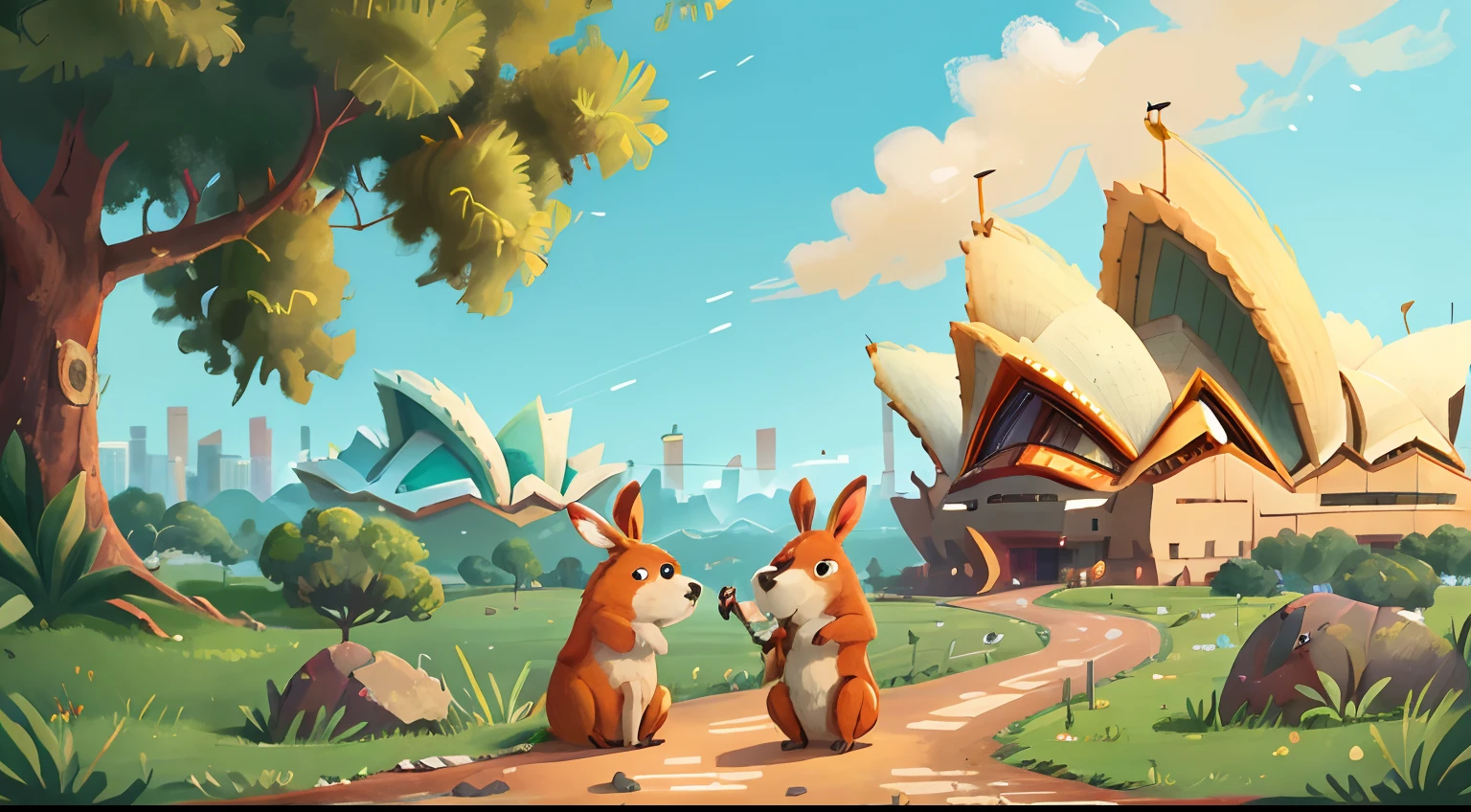 A road in Australia where two kangaroos are eating in the distance. and some grass tree Xanthorrhoea are around. Sydney Opera House are also shown in far.