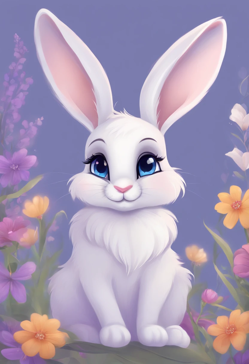A cute, very furry bunny, with small ears, blue eyes, looking forward, purple background, flowers, vases, Caroline Chariot-Dayez pastels, tumblr, furry art, elokitty, Disney's Bambi, furry Disney style, floating ears, fluffy tail , fluffy '', fluffy!!!, high resolution, furry art!!! Small size