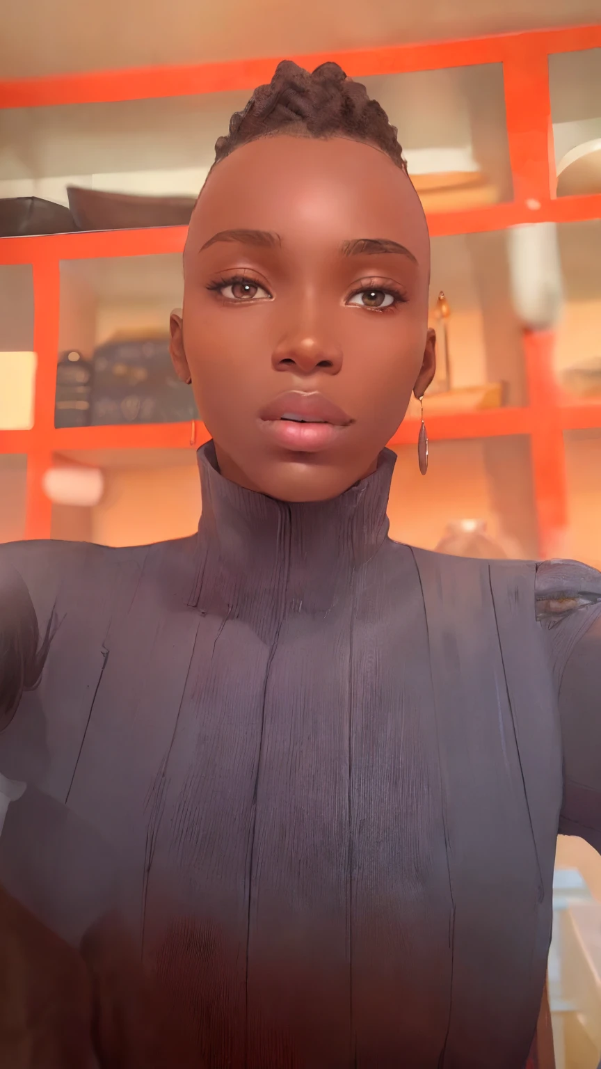 There's a woman taking a selfie in a room with shelves, Atout Akech, taken in the early 2020s, Maria Borges, prise en 2 0 2 0, with brown skin, Personne androgyne, prise en 2022, african domme mistress, Attractive androgynous humanoid, imane anys
