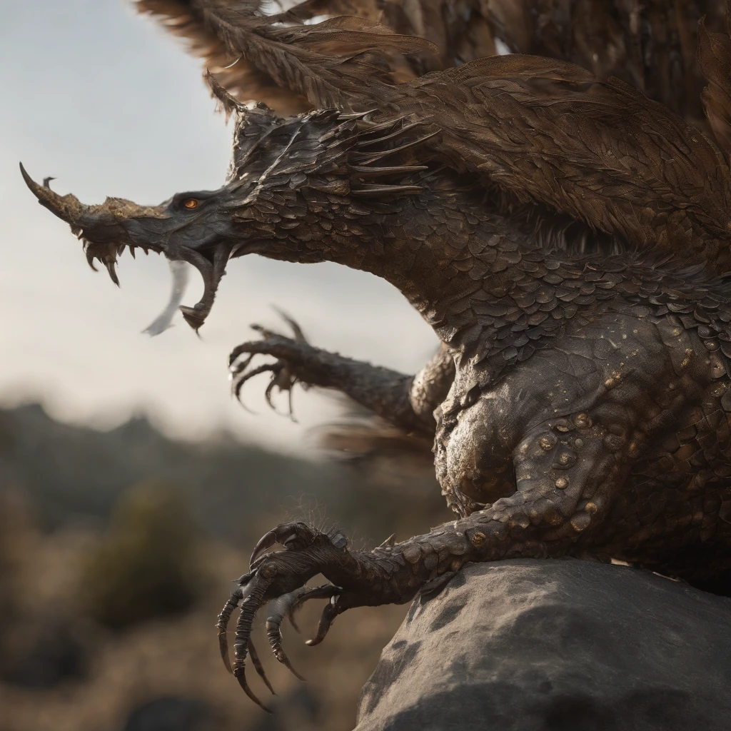 Golden Tenryu,Harsh red eyes,Close-up release of blood fire from the nose,Chest scales,high high quality,8K,Many details,Fire lettuce,Alas,4 legs,Spotted claws,golds,dangers,fires,dentes pontiagudos,big dragon,immensity,threatening,imponent