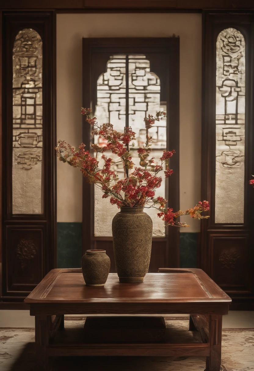 On the table in front of the wall are two small vases，There are flowers on it, oriental wallpaper, with ancient chinese aesthetic, Chinese style, chinoiserie wallpaper, It mainly highlights the Chinese style of the wall，inspired by Emperor Huizong of Song, interior background art