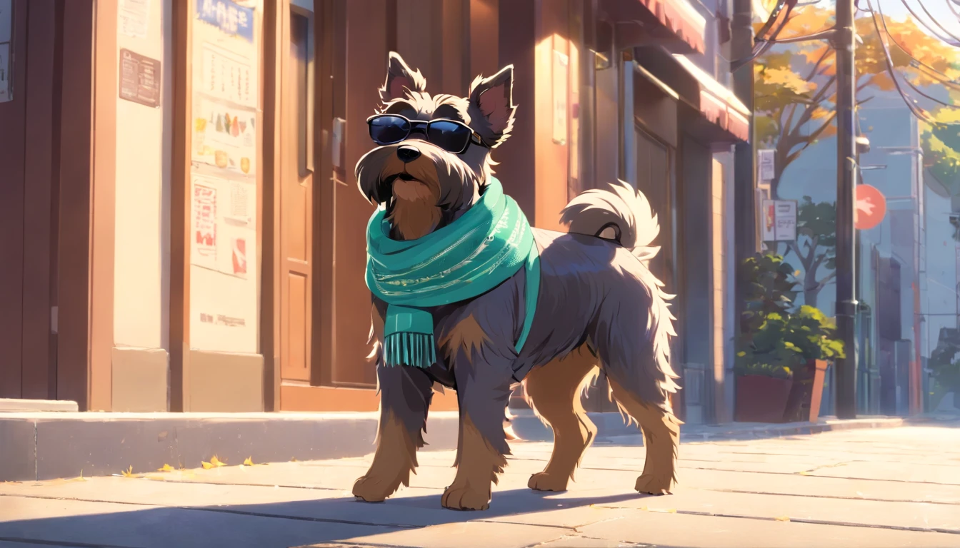 master part, um schnauzer, estilo matricial, casaco Preto, walking on the sidewalk with a scarf on his head, sun glasses, Dynamic angle, melhor qualidade, 4k, white background