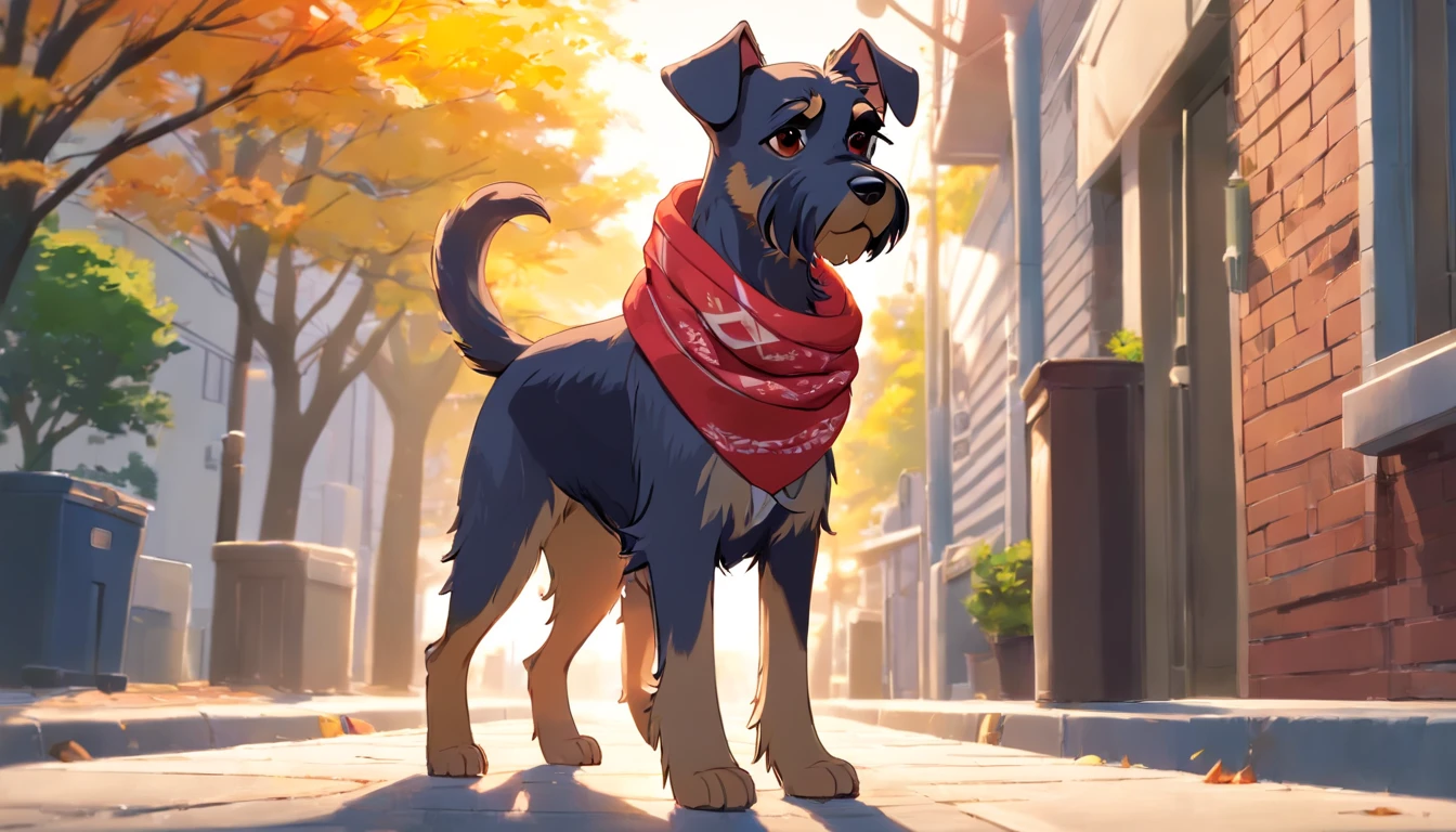 master part, um schnauzer, estilo matricial, casaco Preto, walking on the sidewalk with a scarf on his head, sun glasses, Dynamic angle, melhor qualidade, 4k, white background