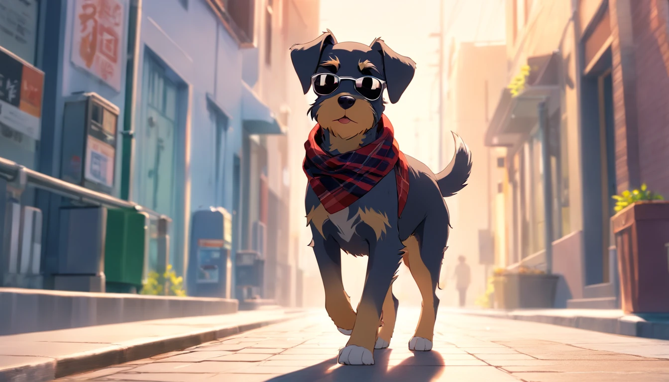 master part, um schnauzer, estilo matricial, casaco Preto, walking on the sidewalk with a scarf on his head, sun glasses, Dynamic angle, melhor qualidade, 4k, white background