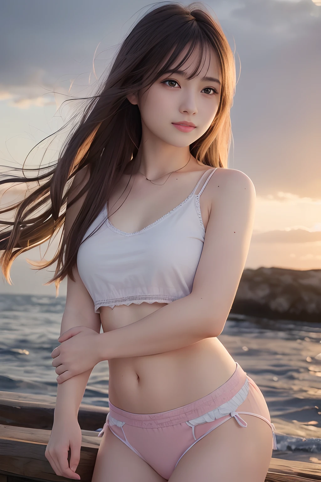 (8k, Best Quality, Masterpiece:1.2), (Realistic, Photorealistic:1.37), Ultra Detail, 1 Girl,Cute,Solo,Beautiful Detailed Sky,Date,(Blush),(Smile:1.15),(Closed Mouth)Small Breasts,Beautiful Detailed Eyes,(Long Hair: 1.2),Floating Hair NovaFrogStyle, Upper Body, Tank Top