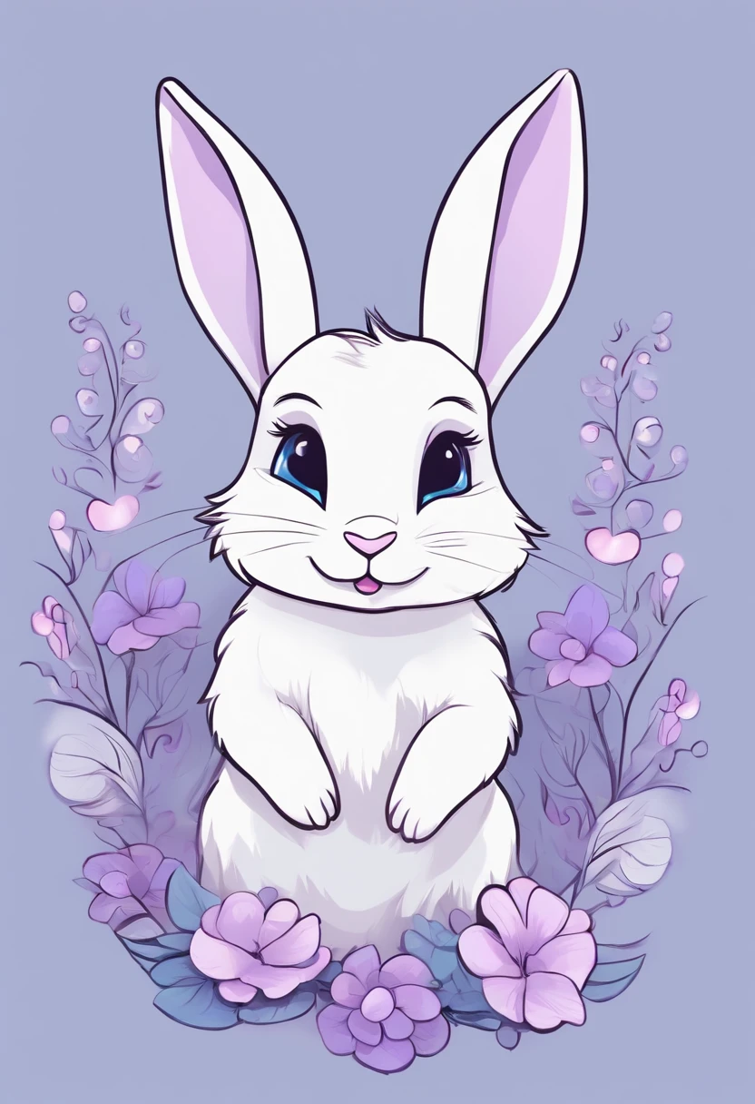 A cute, very furry bunny, with small ears, blue eyes, looking forward, purple background, flowers, vases, Caroline Chariot-Dayez pastels, tumblr, furry art, elokitty, Disney's Bambi, furry Disney style, floating ears, fluffy tail , fluffy '', fluffy!!!, high resolution, furry art!!! Small size, realistic sup