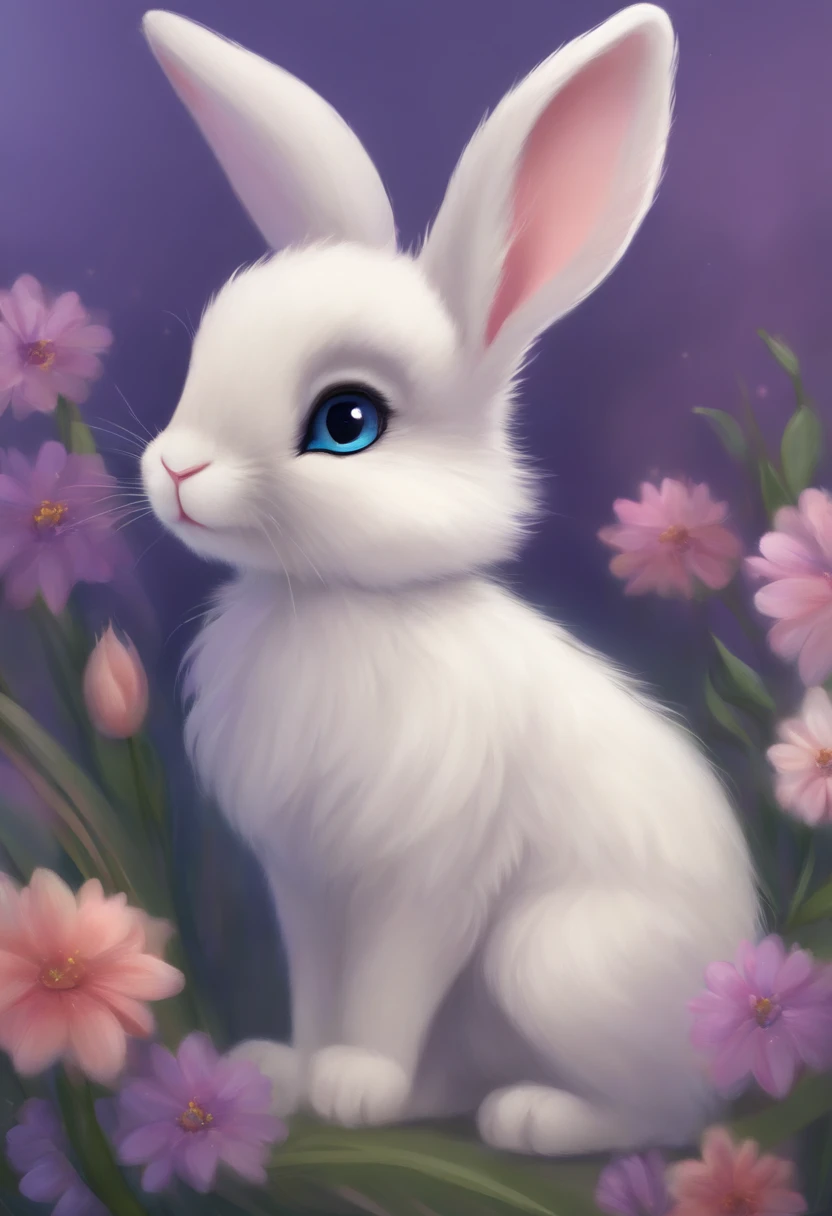 A cute, very furry bunny, with small ears, blue eyes, looking forward, purple background, flowers, vases, Caroline Chariot-Dayez pastels, tumblr, furry art, elokitty, Disney's Bambi, furry Disney style, floating ears, fluffy tail , fluffy '', fluffy!!!, high resolution, furry art!!! Small size, realistic sup