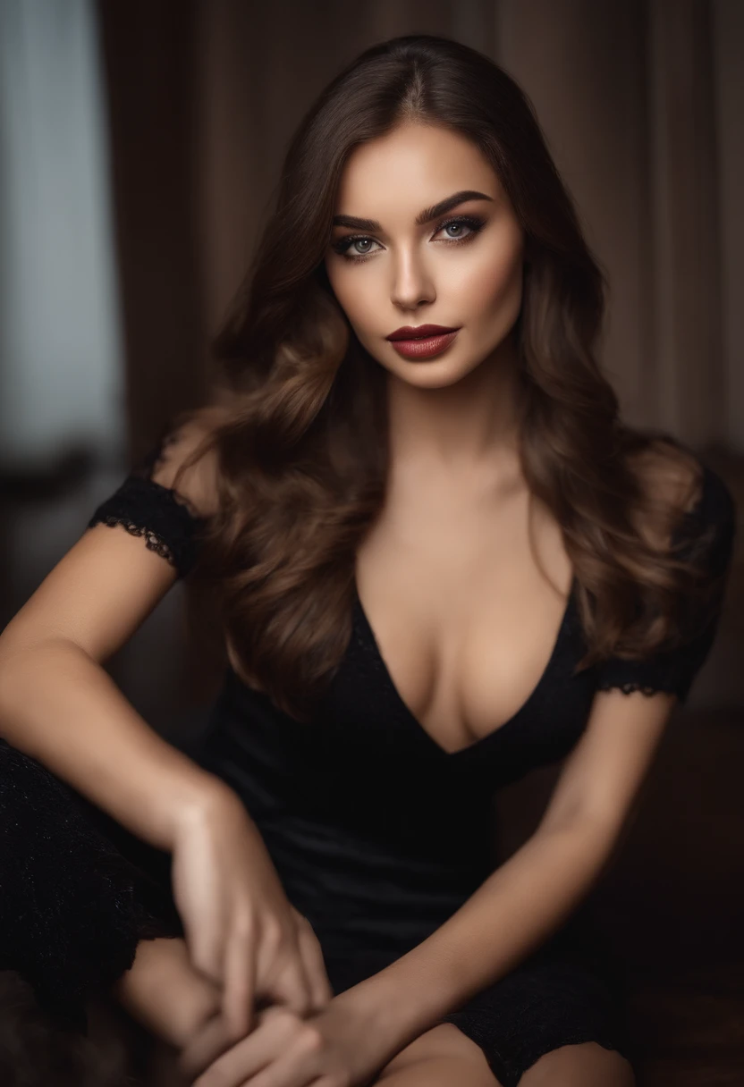 arafed frau mit schwarzen kleidern, Sexy girl with brown eyes, portrait sophie mudd, brown hair and big eyes, Selfie einer jungen Frau, Violet Myers, ohne Make-up, Natural makeup, Blick direkt in die Kamera, Gesicht mit Artgram, dezentes Make-up, Stunning full body shot, Im Badezimmer, Spaltung