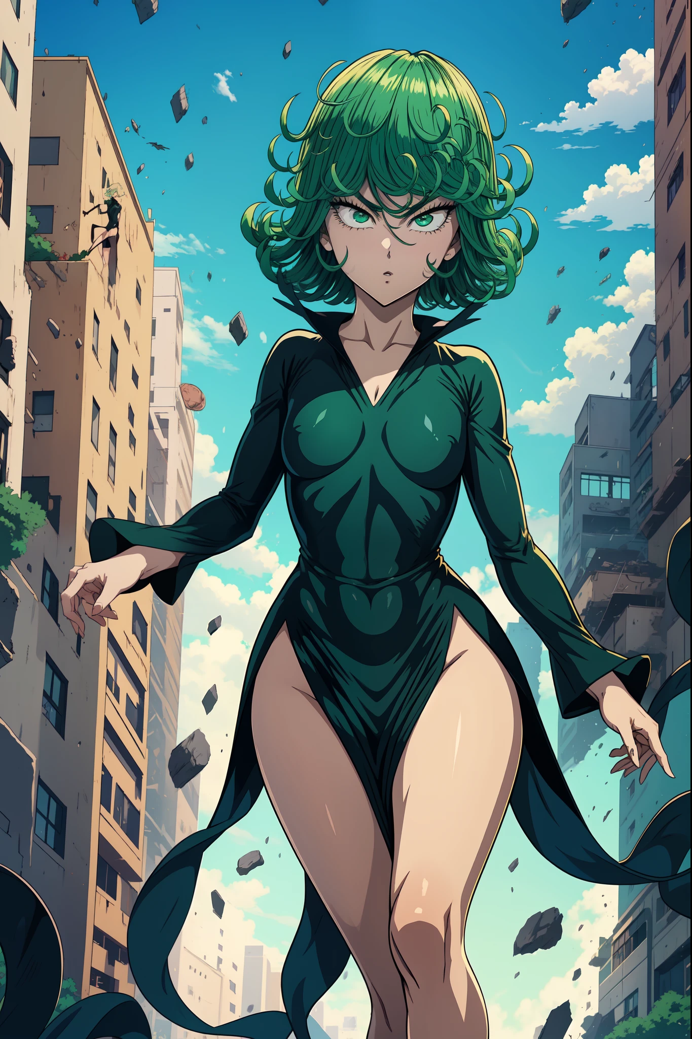 Tatsumaki from one punch man, short green hair, green eyes, Small chest, (wearing fitting V-neck black dress with a long sleeves and four high-cut leg slits), joyful expression, standing in a destroyed city, dynamic pose, dynamic view,