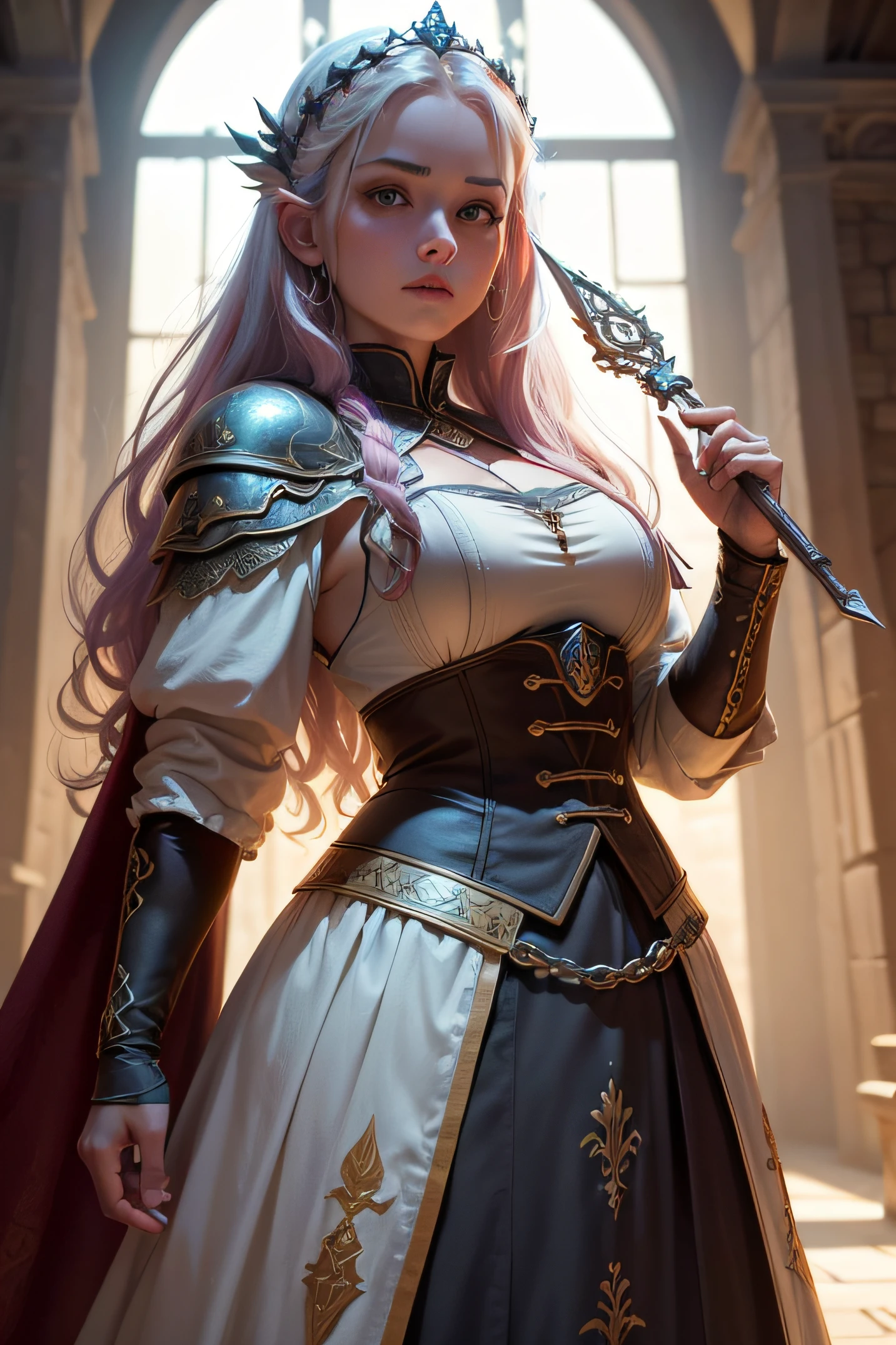 Joven mujer, Princess Girl (personaje medieval "the lord of the rings") con espada y escudo de bronce y plata (ruinas antiguas: 1.2) (cuerpo delgado: 0.8) (piel HQ: 2, piel brillante) soft illuminaotion, color de pelaje: rojo (cabello colorido: 1.5) (obra maestra: 1.2) (fotorrealista: 1.2) (la mejor calidad) (piel detallada: 1.3) (detalles intrincados) (HDR) (cinematography lighting) (foco nítido) (illustration: 1.1) (detallado) (fondo detallado) (atmospheric volumetric fog: 1.1) Epic Movie Poster (papel tapiz) (cabo: 1.2) (bordados: 0.5) (foto RAW: 1.2) ultra-high-resolution (Detailed facial features) disparo a nivel de los ojos (resolution: 8k) (dynamic pose) Fujifilm XT3 (fondo de pantalla ultra detallado de "The House of the Dragon" 8K) muy detallado e implecable