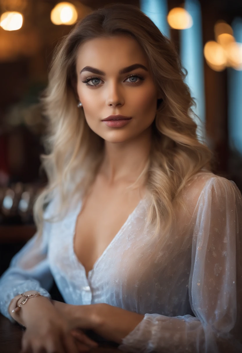 woman, Realistic character,coiffed blonde hair, White silk dress,Show the chest,Blue eyes, anime big breast, Alone, modern, cyber punk perssonage,fully body photo