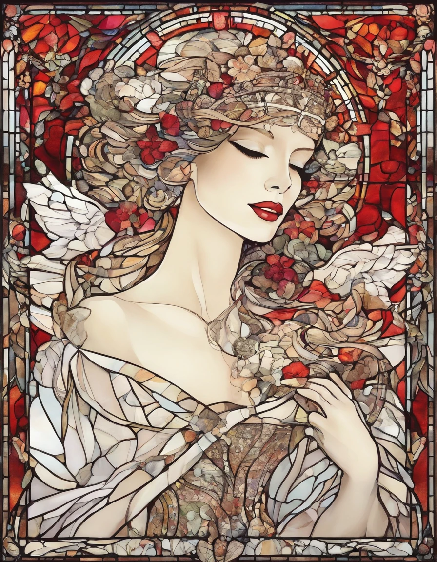 singer in a white half mask, grandes asas de anjo, vestido vermelho longo, innocence