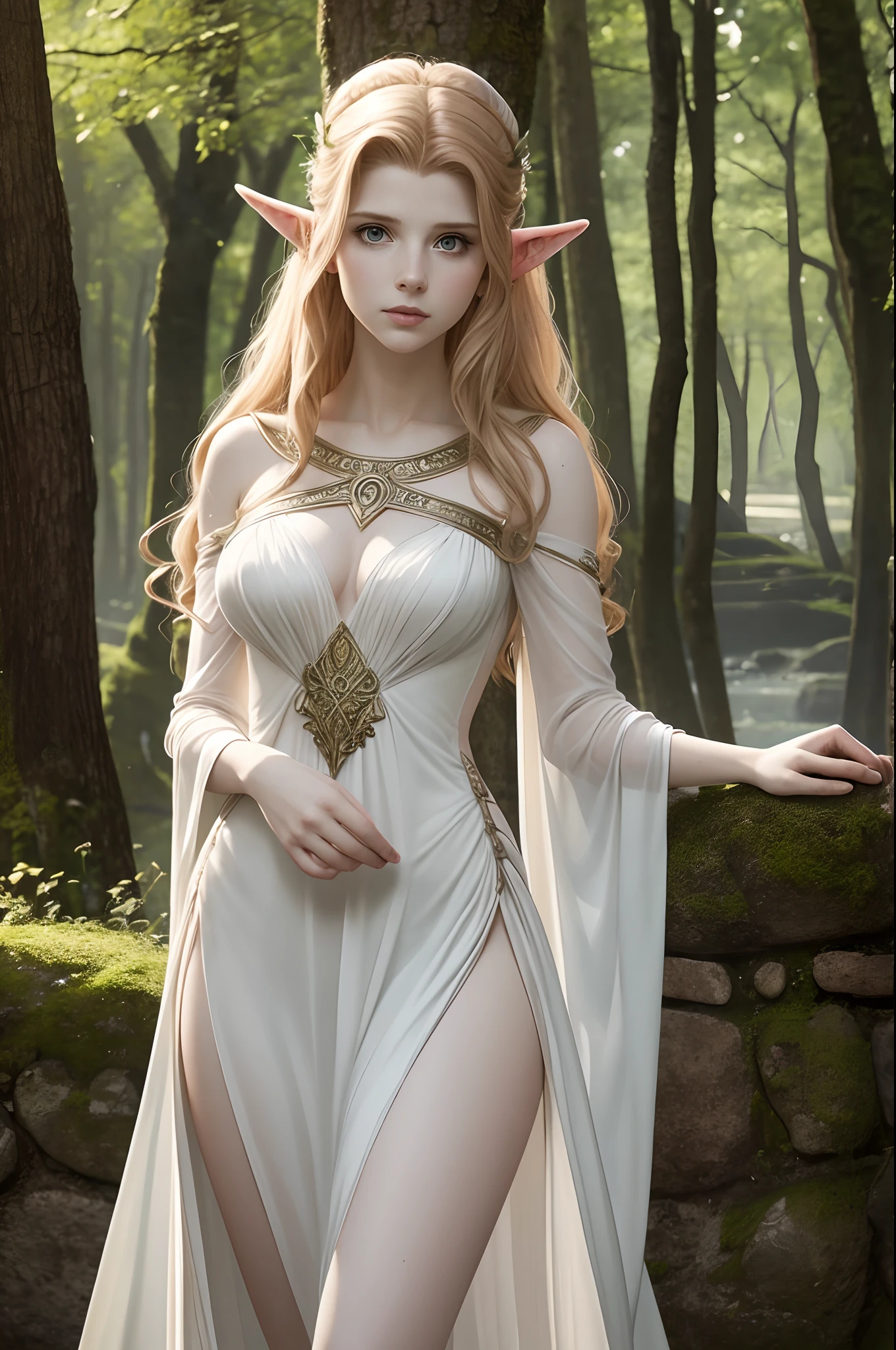 Rachel Hurd-Wood as a MYTHOLOGICAL ELVE in a long side-slit dress, Mangas compridas, roupas estilo grego, pale skinned, Transparent view, cabelos loiro e muito longos soltos ao vento, ELVEN EARS sensitive facial expression looking at camera, Arquitetura grega como pano de fundo, Beautiful face looking at the camera, body curvy, Romantic outdoor scene