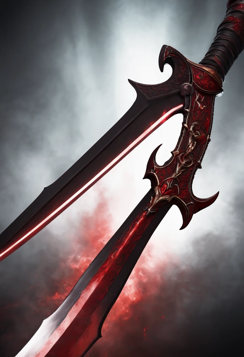 A red greatsword made with blood. The design is dark and made by the devil. The background is black. Around the sword, has a red aura.