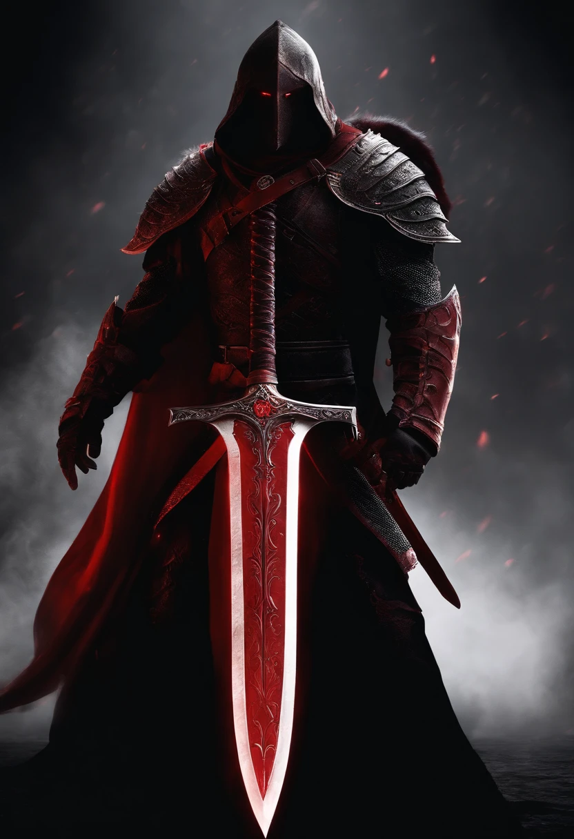 A red greatsword made with blood. The design is dark and made by the devil. The background is black. Around the sword, has a red aura.