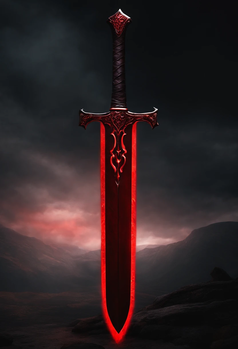 A red greatsword made with blood. The design is dark and made by the devil. The background is black. Around the sword, has a red aura.