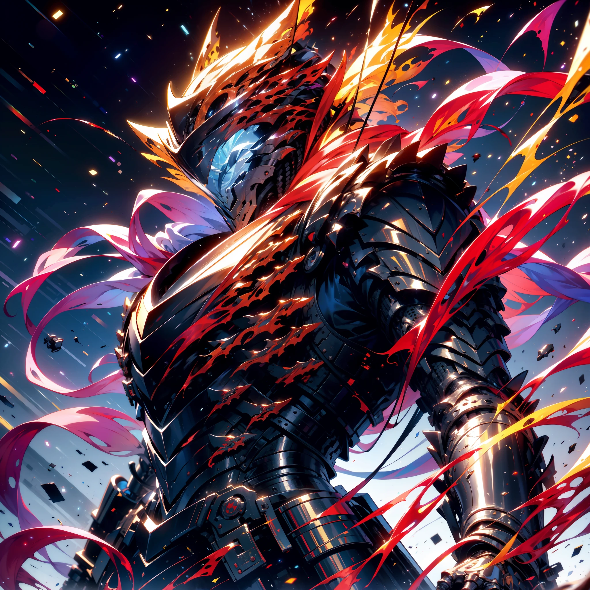 masterpiece, best quality, realistic,shiny,reflective,bioluminic, galactic cybernetic mask,galactic red-green mecha,(assassin:1.2), Robotic Knight, killing warrior pose, headdress,holding glowing red long sword,Galaxy,GlowingRunes_red,fullbody,cinemnatic,dark background,backlight,high contrast,arafed knight with a sword and a red cape in a city, style of raymond swanland, ares with heavy armor and sword, inspired by Raymond Swanland, black and red armor, gothic knight, knight armored in red, blood knight, unreal engine fantasy art, anthropomorphic raven knight, in style of james paick