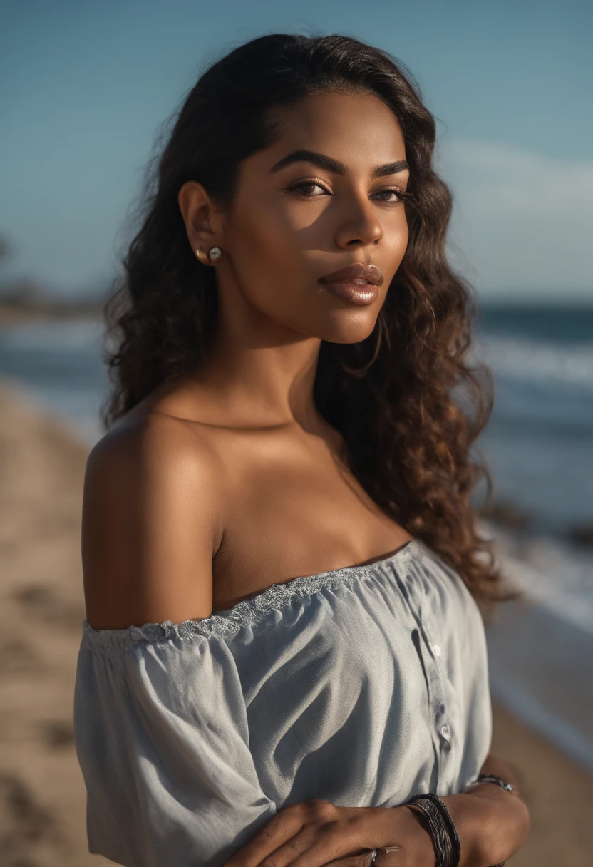 frontal, cintilante, Split lips, (cabelos pretos:1.2), (ultra realista:1.2), (foto em close:1.1), (intrincado:1.2), (beach background:1.2), (olhando para o espectador:1.2), usando a camiseta do Brasil, (a perfectly detailed and similar composition of choi san face)