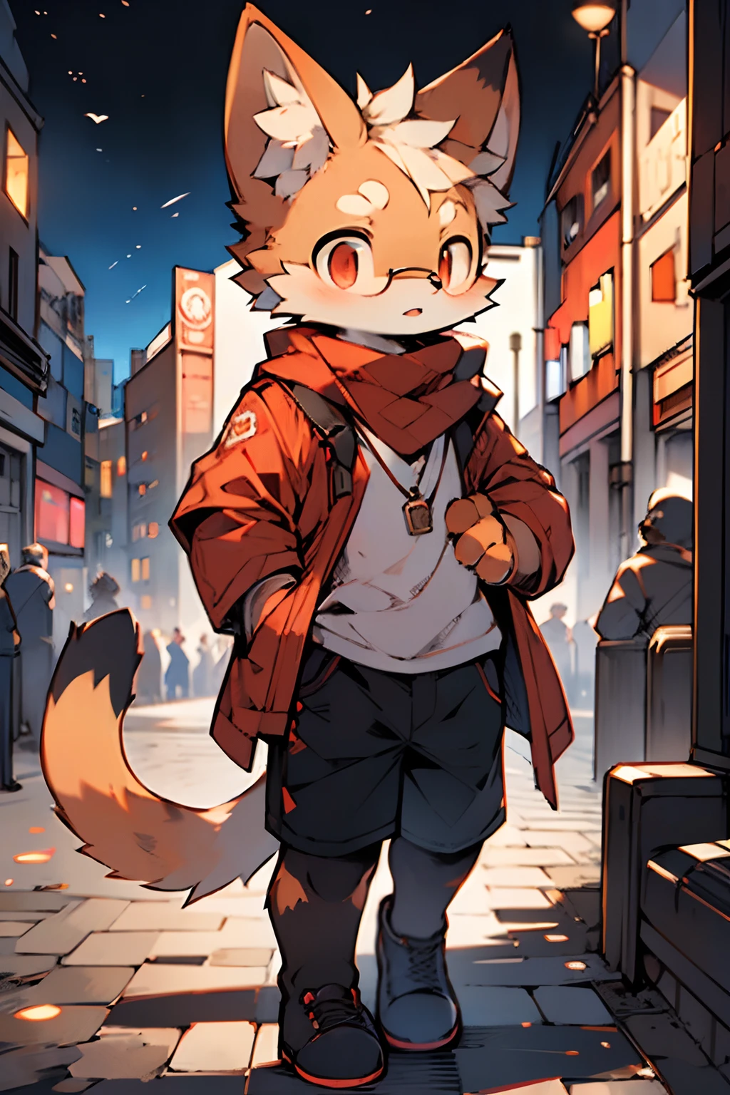 London in the twentieth century,Orange cat,Run alone,Light orange fur,Wear a white shirt,Black shorts,Brown worn-out coat,Red scarf shirt,Red eyes,wearing black glasses,Handsome(A masterpiece)(high qulity)(Clear structure)(Clear lines)(Background of extreme detail)(extremelydetailedcharacter)