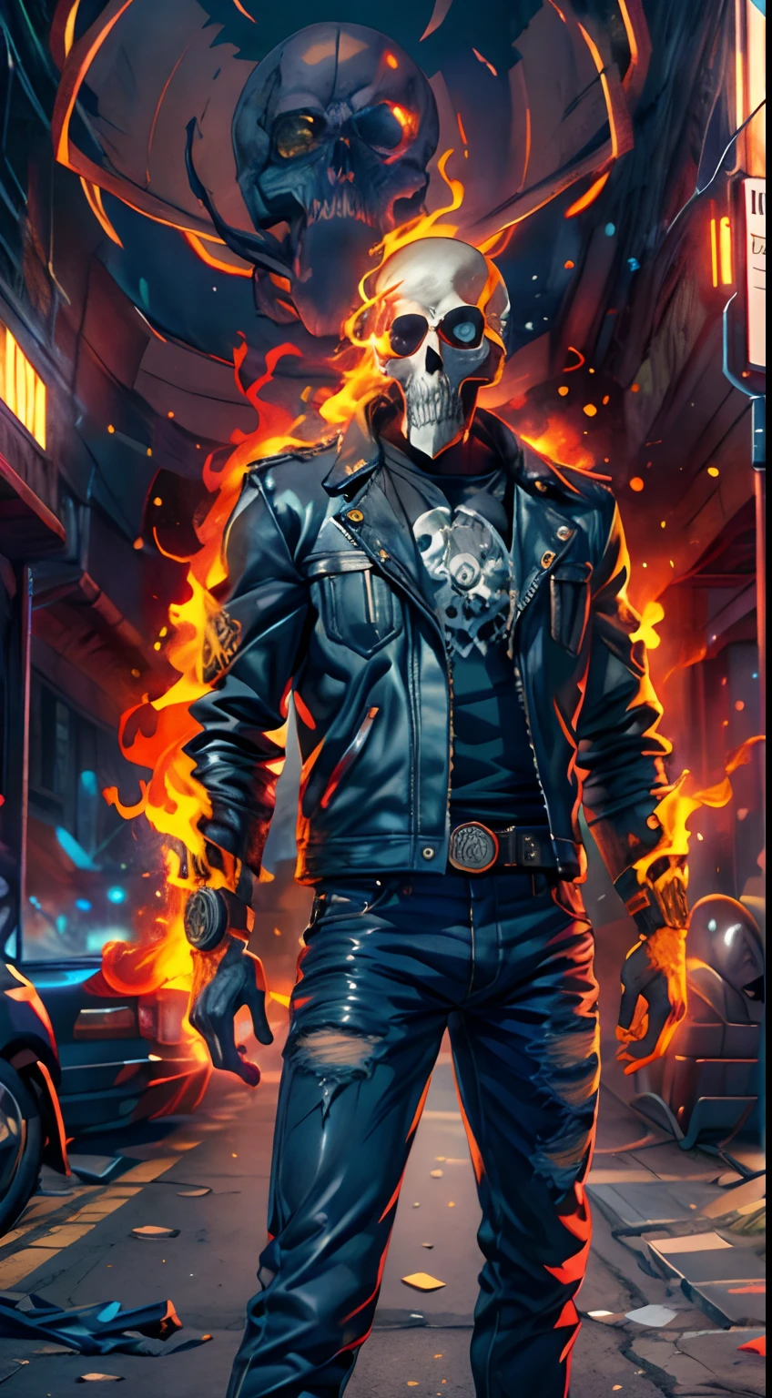 (RAW Photo, Best Quality), (Realistic, Photorealistic Photo: 1.3), Best Quality, Highly Detailed, Masterpiece, Ultra Detailed, Illustration, ghost rider, burning skull, black ripped jacket, ripped black jeans, black shoes, epic background, standing like ghost rider, upper body, ghost riders costume, Best Quality, Extremely Detailed CG Unified 8k Wallpaper, Ink, Amazing, badass look, portrait, close up (skull texture), intricately detailed, fine details, hyperdetailed.