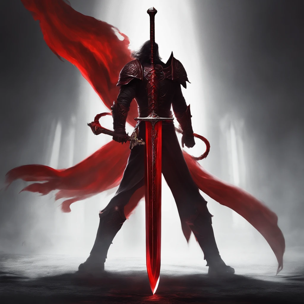 A red greatsword made with blood. The design is dark and made by the devil. The background is black. Around the sword, has a red aura.
