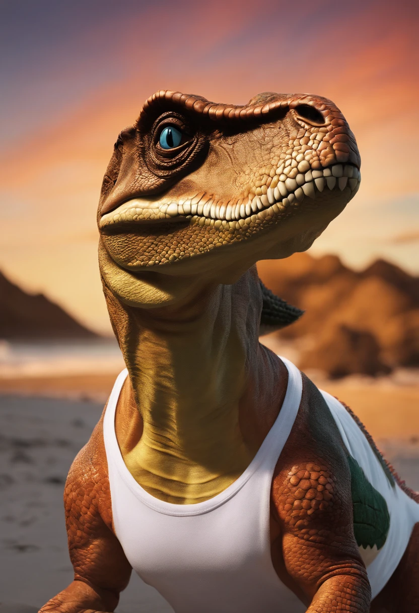Realistic 4k angled photo of a T-Rex dinosaur maromba on a beach wearing a white tank top and Juliet glasses
