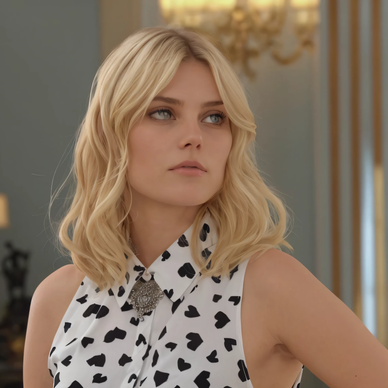 araffed blonde woman with a black and white shirt and a necklace, abbey lee kershaw as emma frost, irina nordsol kuzmina, she has a distant expression, but a stern look about her, very sharp, sideways glance, gorgeous female samara weaving, hd'', pretty girl, pretty face!!, very pretty face, looking to the side off camera