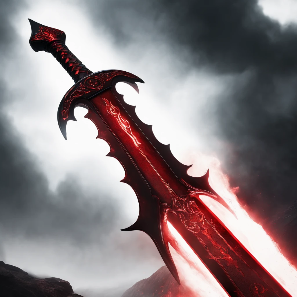 A red greatsword made with blood. The design is dark and made by the devil. The background is black. Around the sword, has a red aura. It has a red aura around it. It has a red smoke around it.