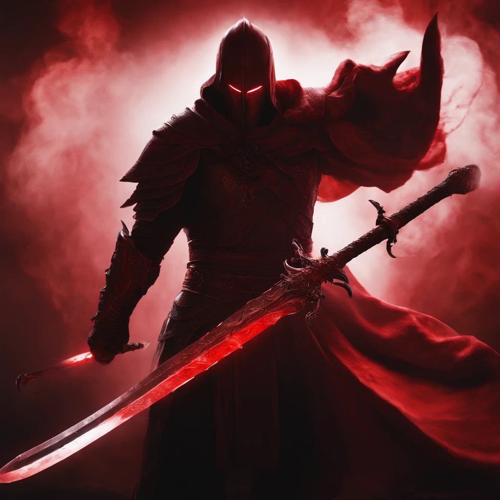 A red greatsword made with blood. The design is dark and made by the devil. The background is black. Around the sword, has a red aura. It has a red aura around it. It has a red smoke around it.